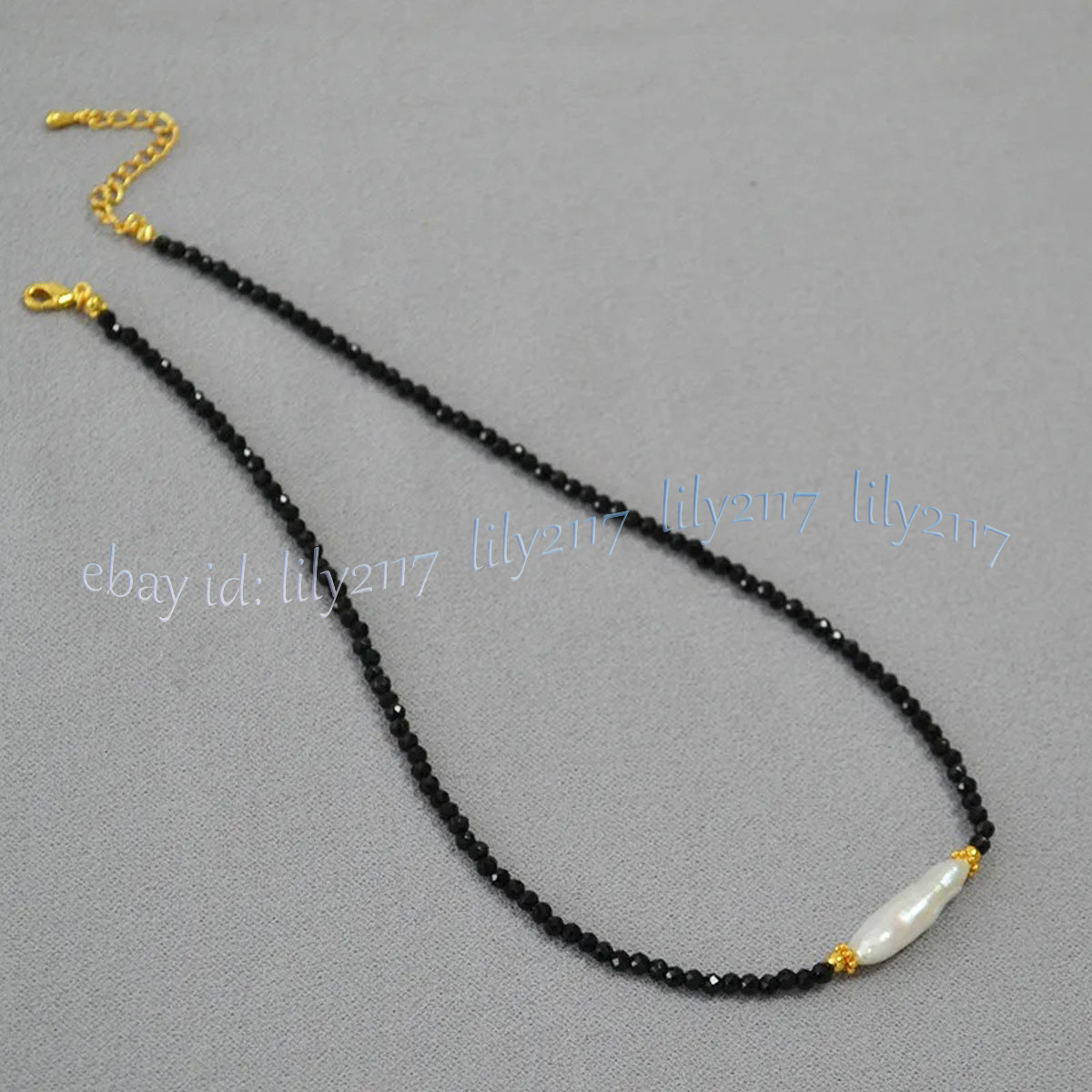 3mm Faceted Black Spinel Round Gems Natural White Baroque Stick Pearl Necklace