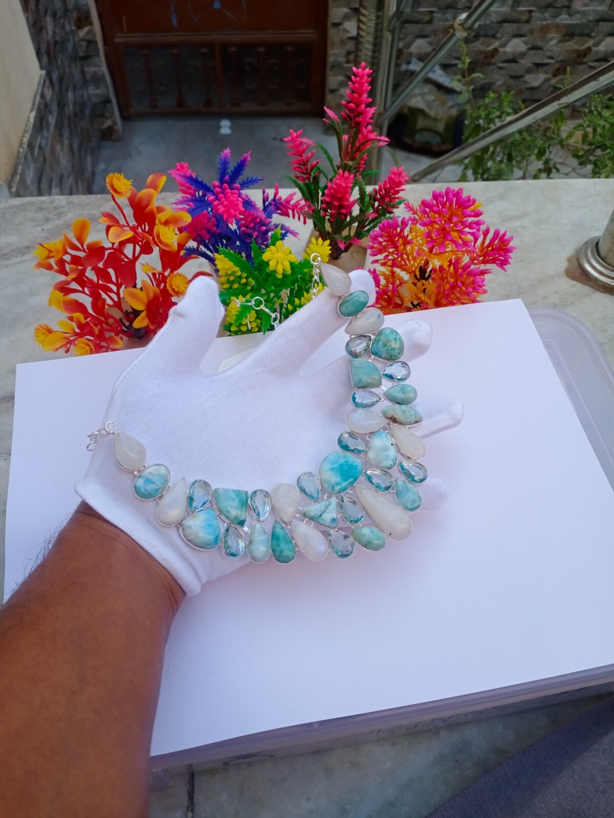 Natural Moonstone Necklace, Silver Plated Necklace, Larimar, Aquamarine Stone