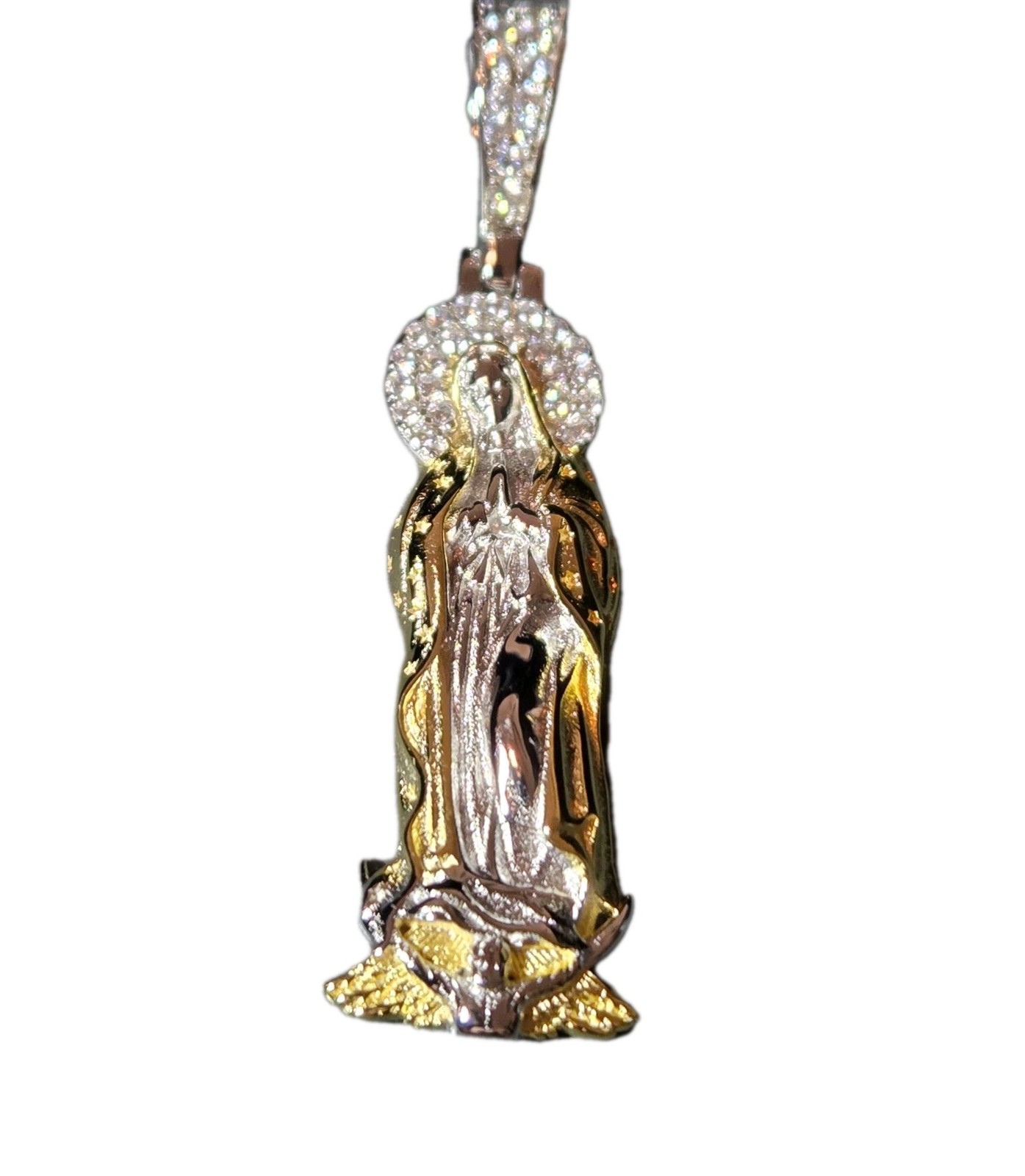 14k Gold Vermeil MOISSANITE Virgin Mary Pendant Over 925 Silver NEW