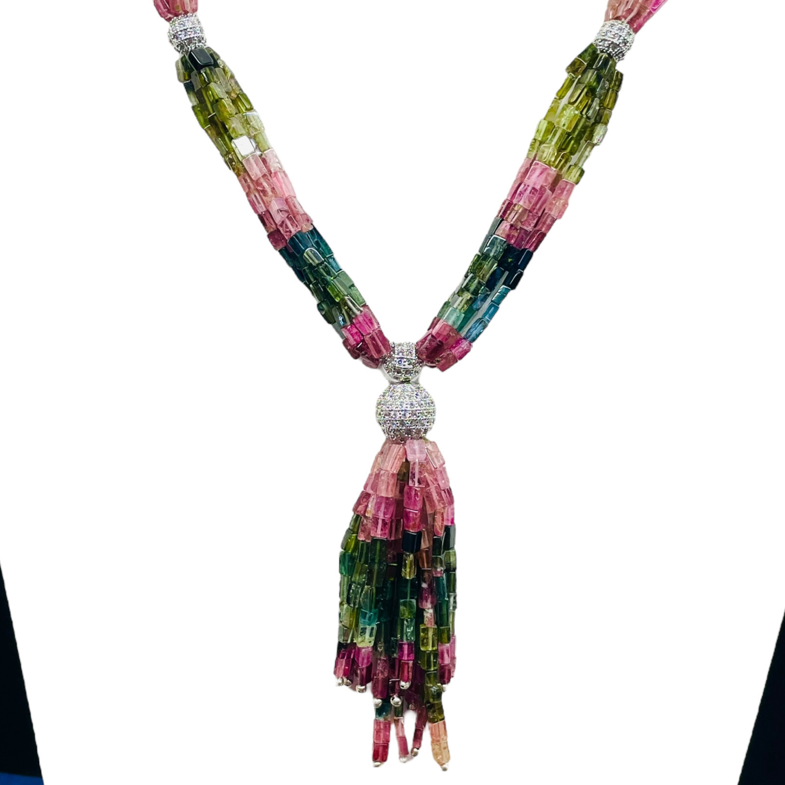 6 Strands Natural Tourmaline Octagon Beads Boutique Necklace 925 Silver Clasp