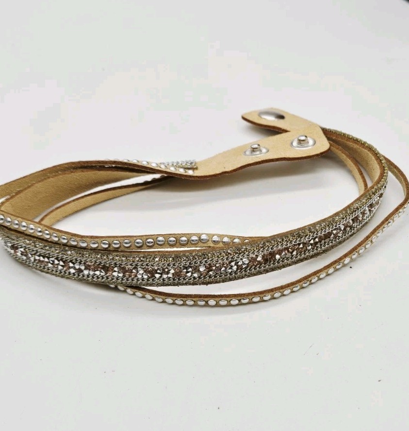 Crystal Leather Choker Necklace Three Row Tan Leather Adjustable 15 in