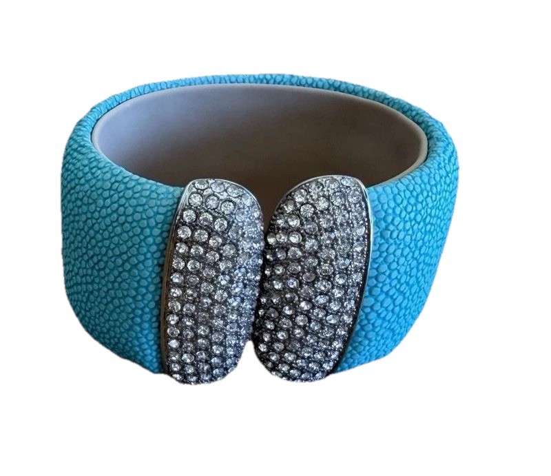 PJM Jewelry Turquoise Leather Hinge Wide Bangle CZ-Cuff Bracelet