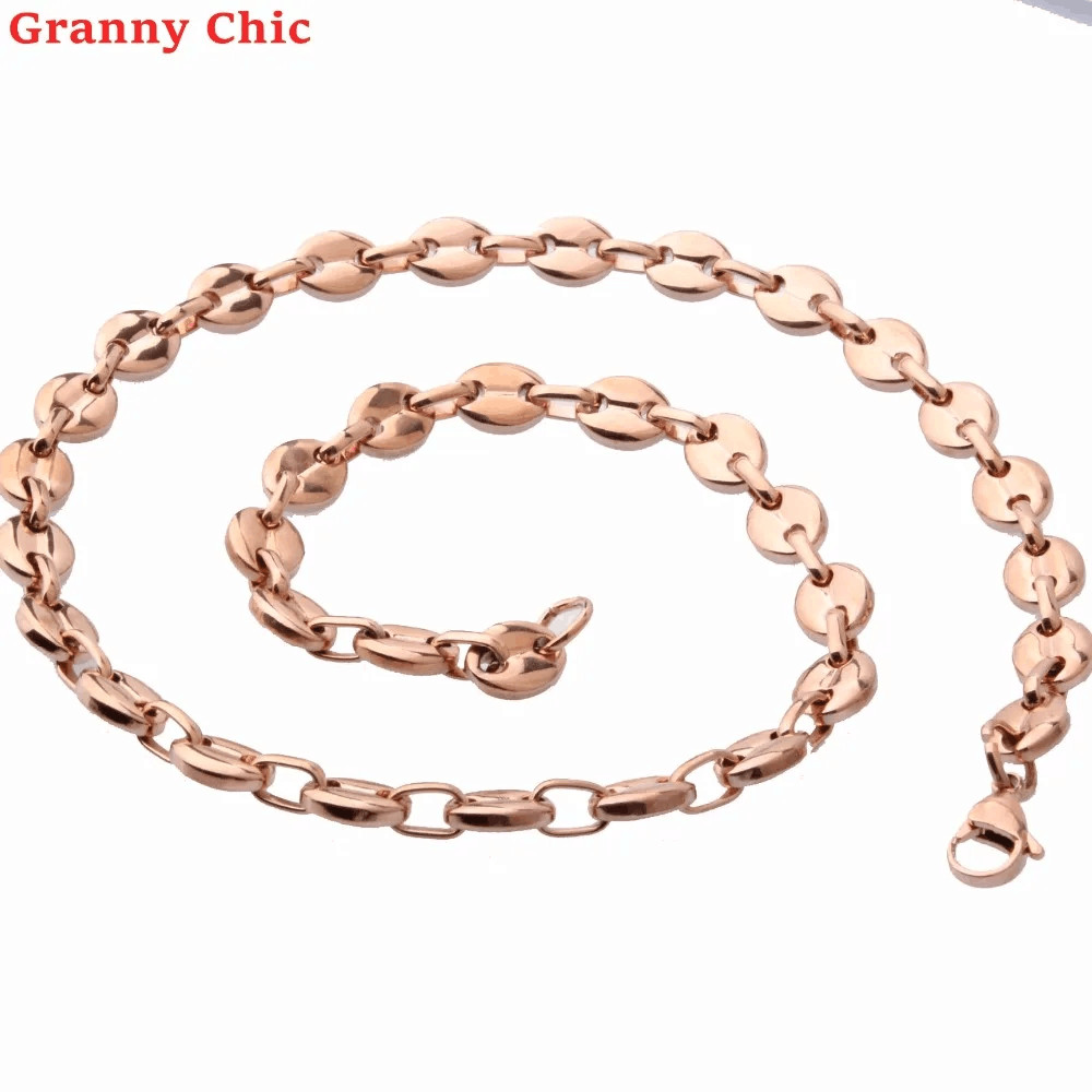 7/9/11mm Men Women Rose Gold Tone Stainless Steel Coffee Beans Chain Necklace