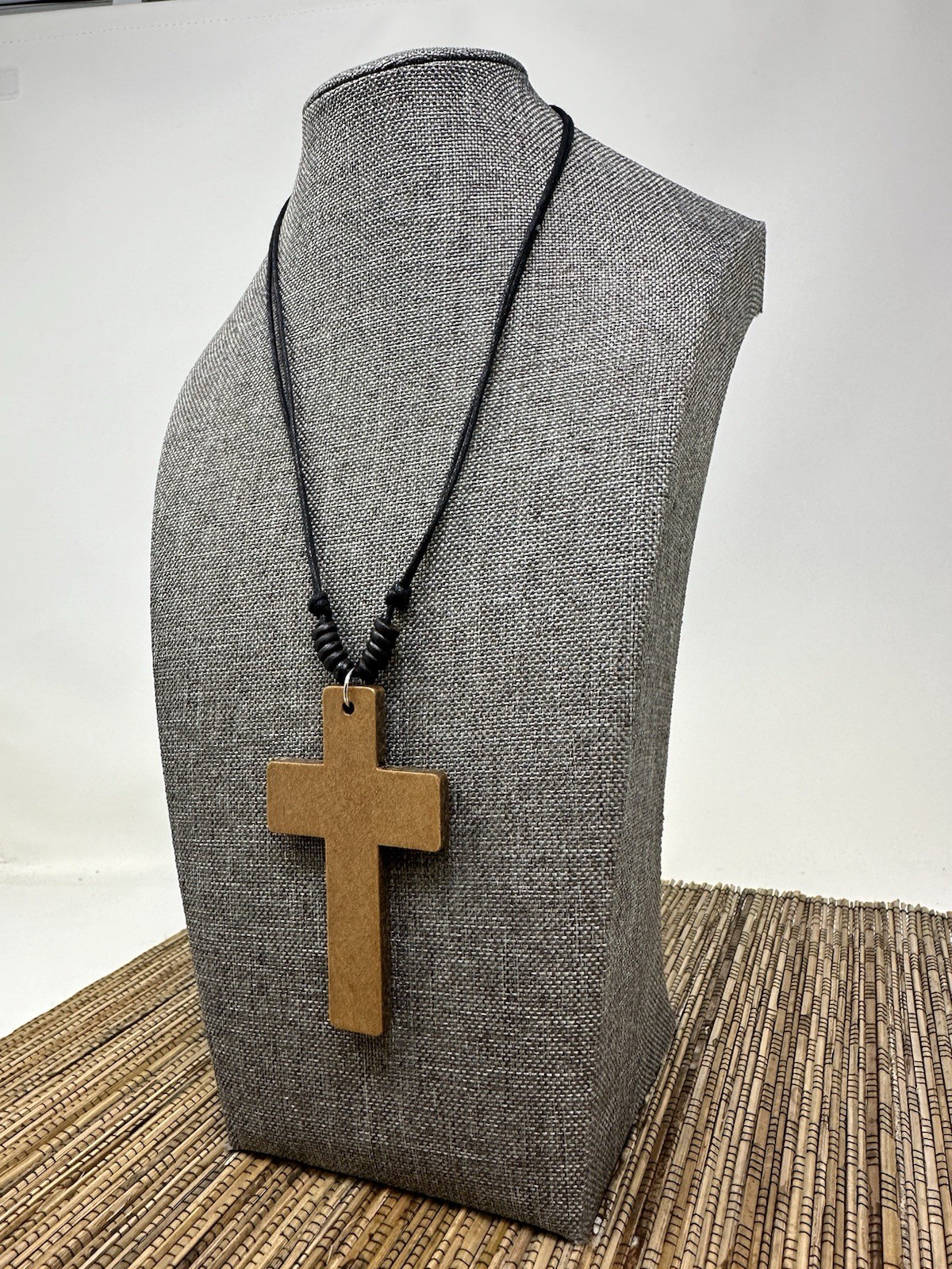 Wooden Cross Necklace 3in Brown Pendant Adjustable 16‑30in Sliding Knots Unisex