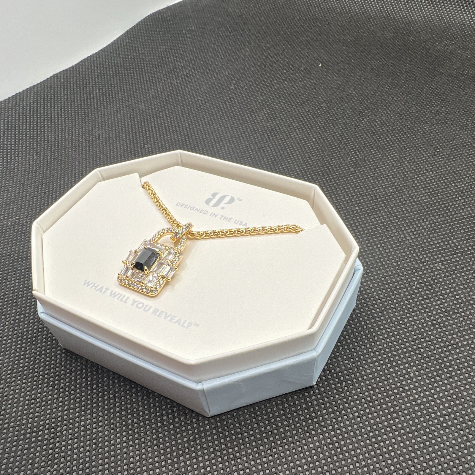 BP NK91152 Gold Plated Black Onyx CZ Rectangle Pendant Necklace 18in (A5)
