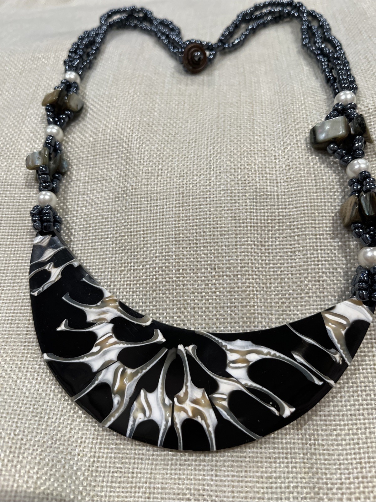 Black Beaded Moon Shell Multi Strand Necklace 12 X 5