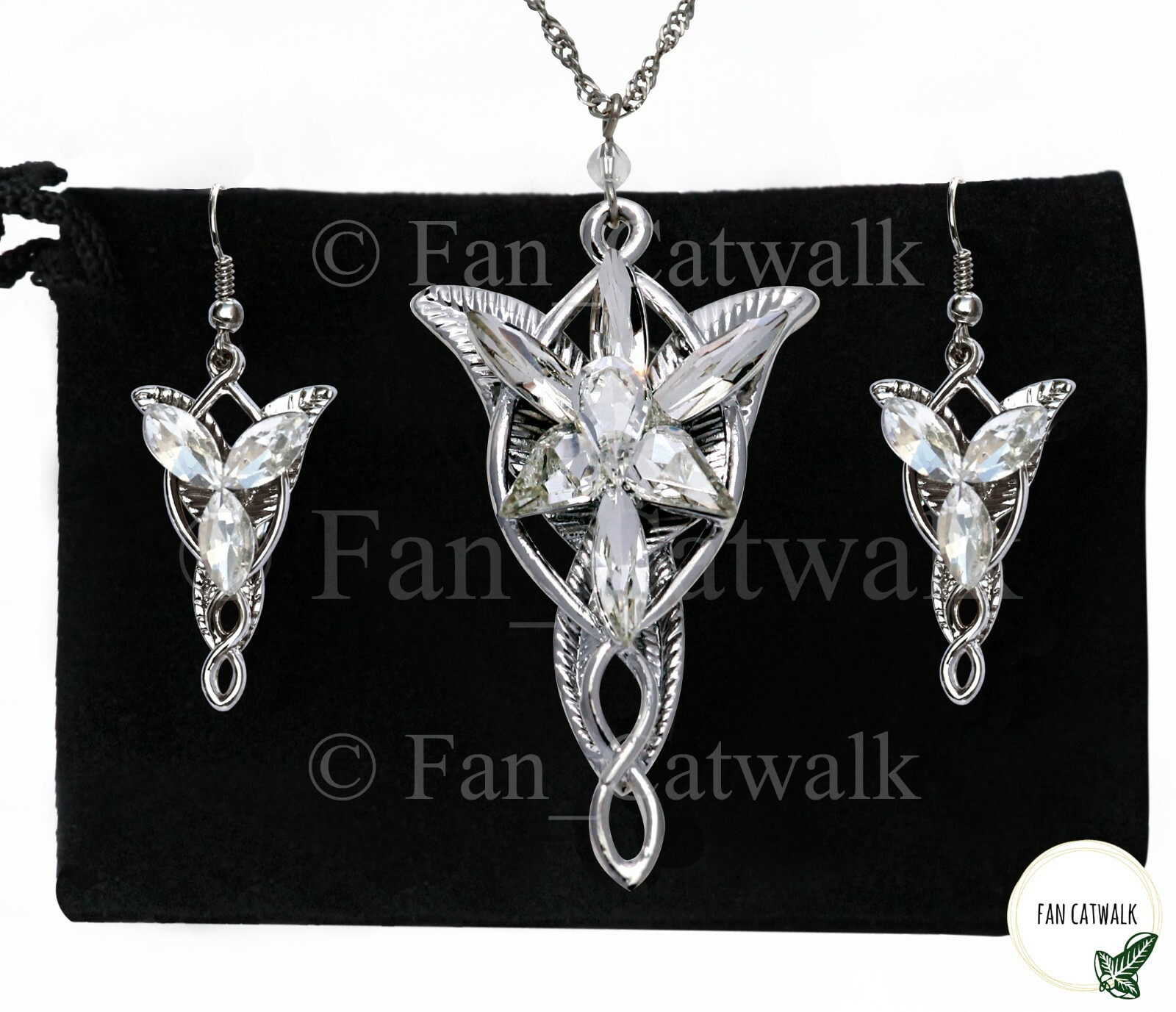 Lord of the Rings Silver EVENSTAR Necklace & Earrings Hobbit LOTR Arwen SET +Bag