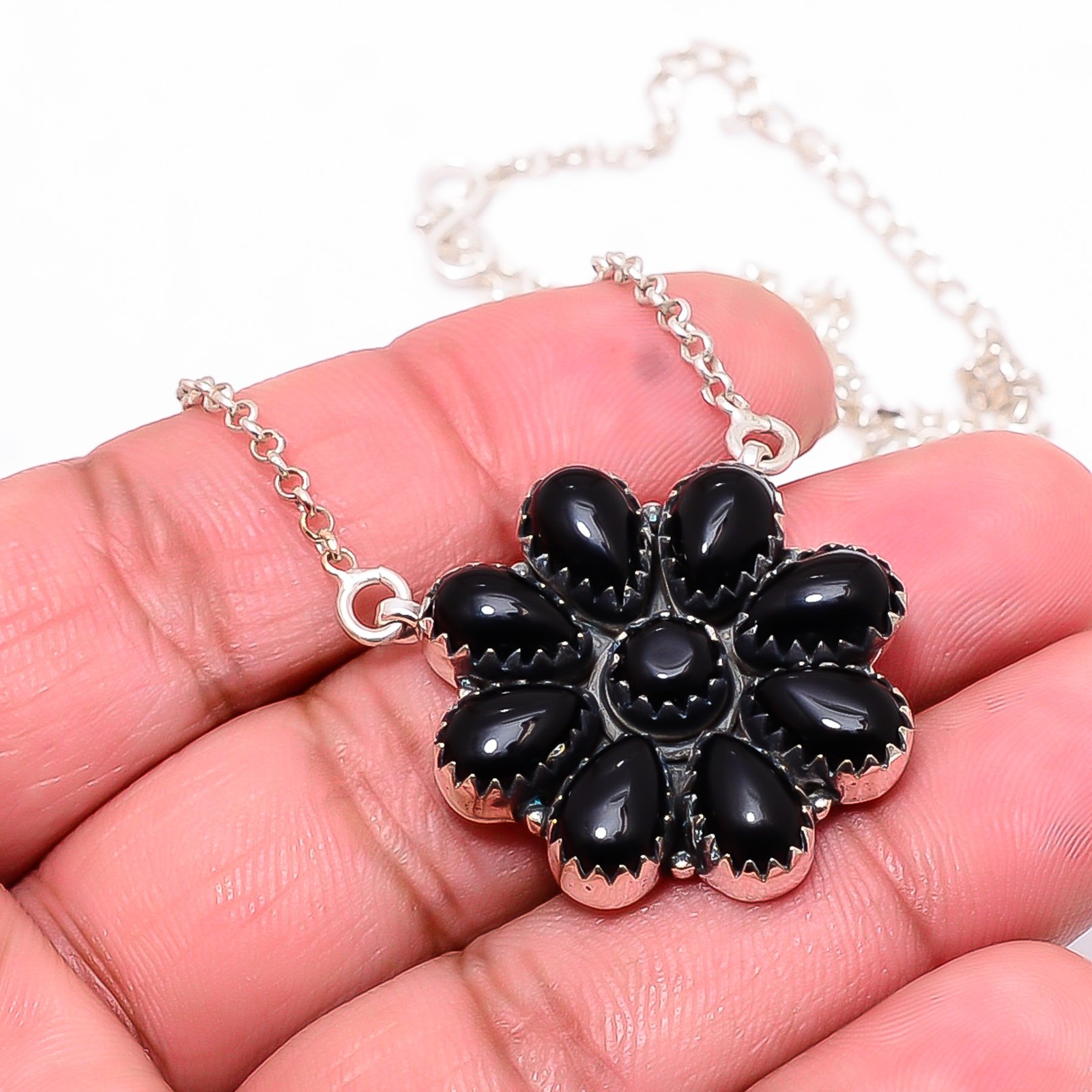 Black Onyx – Brazil 925 Sterling Silver Cluster Flower Necklace 19-23″ CP9571246
