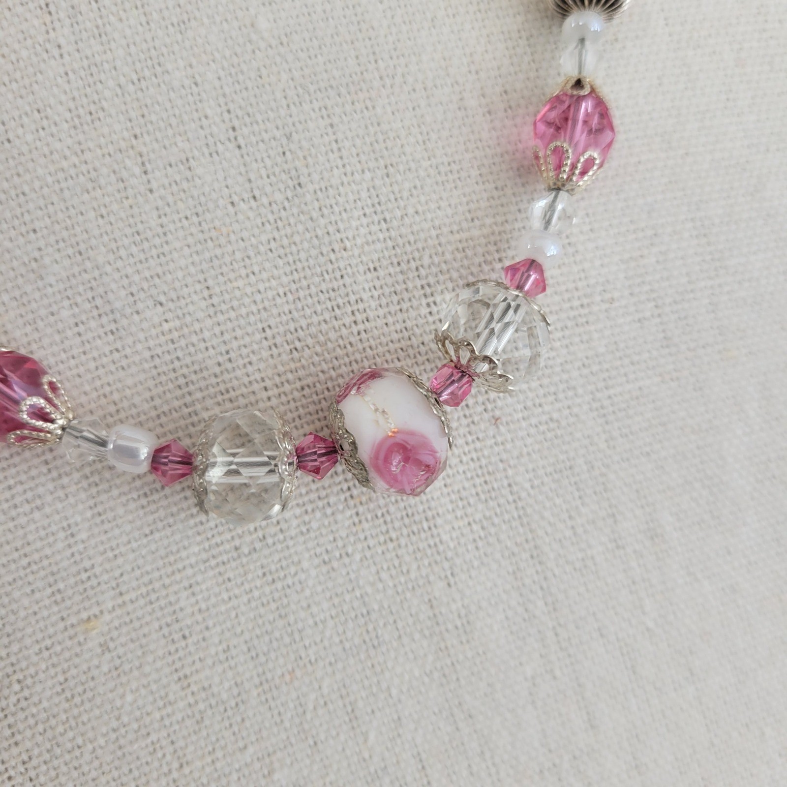 Lampwork Beaded Necklace Pink Crystal Floral Silver Tone Magnetic Clasp 18 Inch