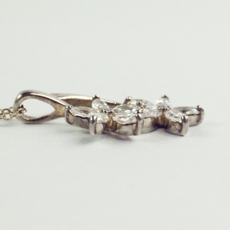 sterling silver white/colorless CZ double flower pendant cable chain necklace