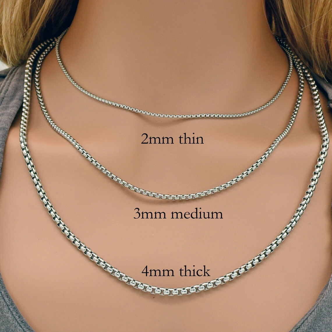 Rounded box chain stainless steel bracelet or necklace Venetian chain 7–34 inch