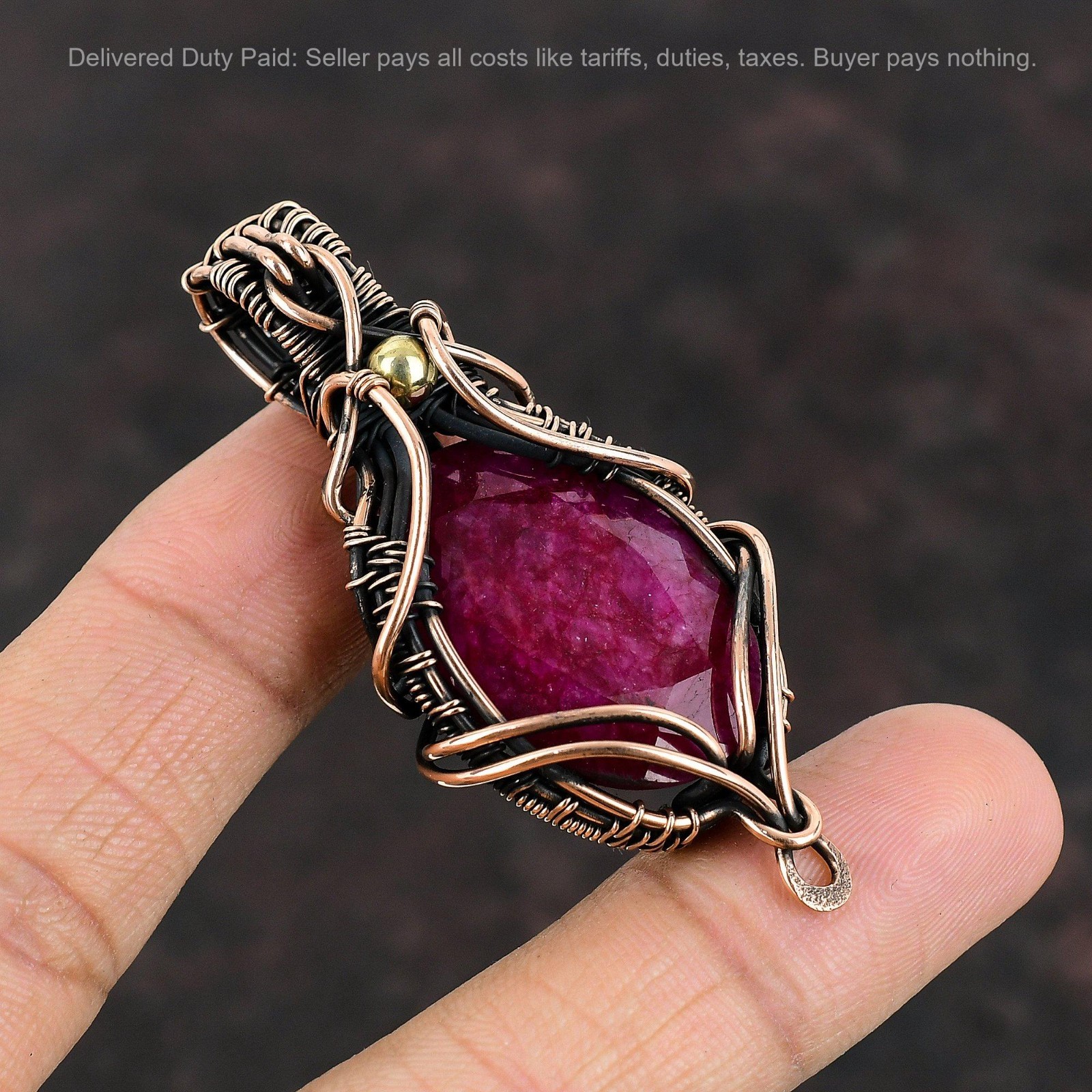 Copper Oval Natural Kashmir Rubi Wire Wrapped Art Deco Artisan Pendant Jewelry