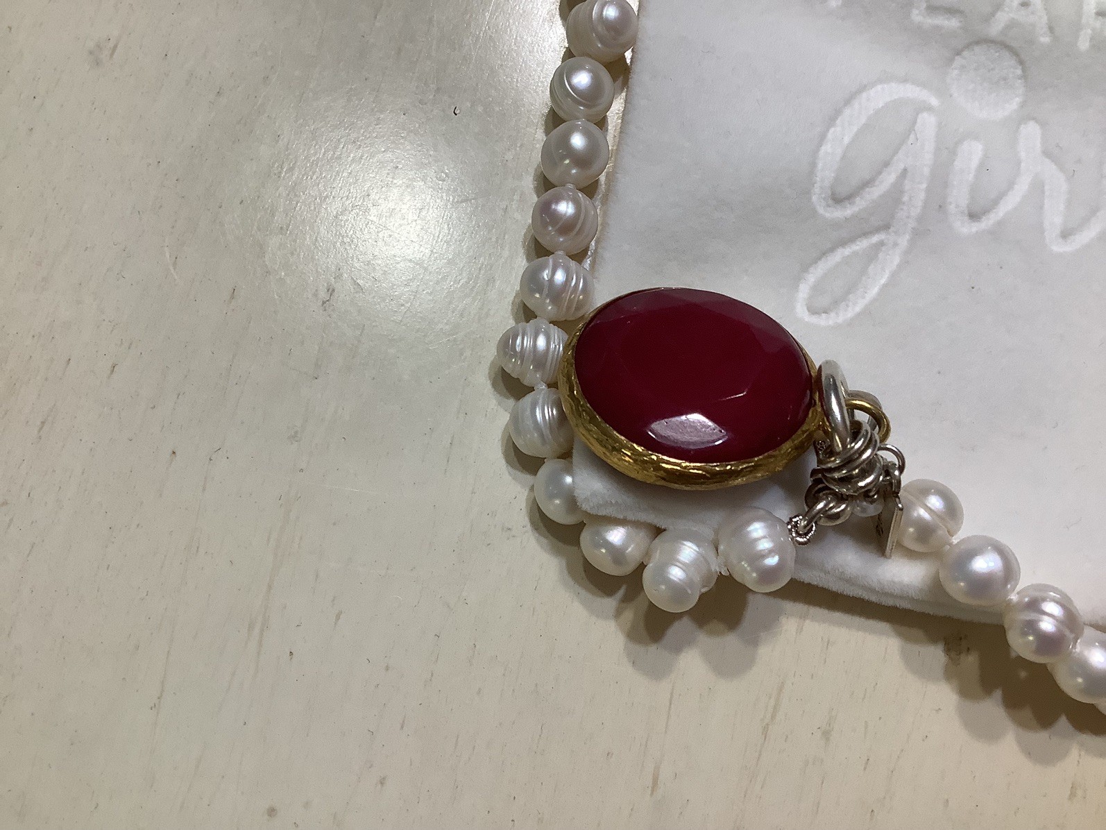 Pearly Girls PearlNecklace W/Red Pendant, Sterling Clasp, 18”, NWT