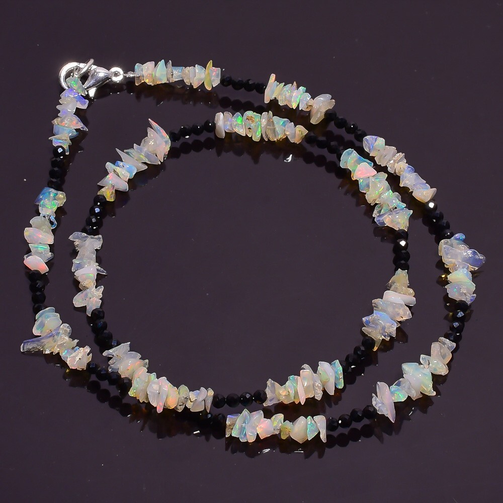 28.85 Ct. Natural Ethiopian Opal Black Spinel Smooth Beads Necklace 16″ A-2113