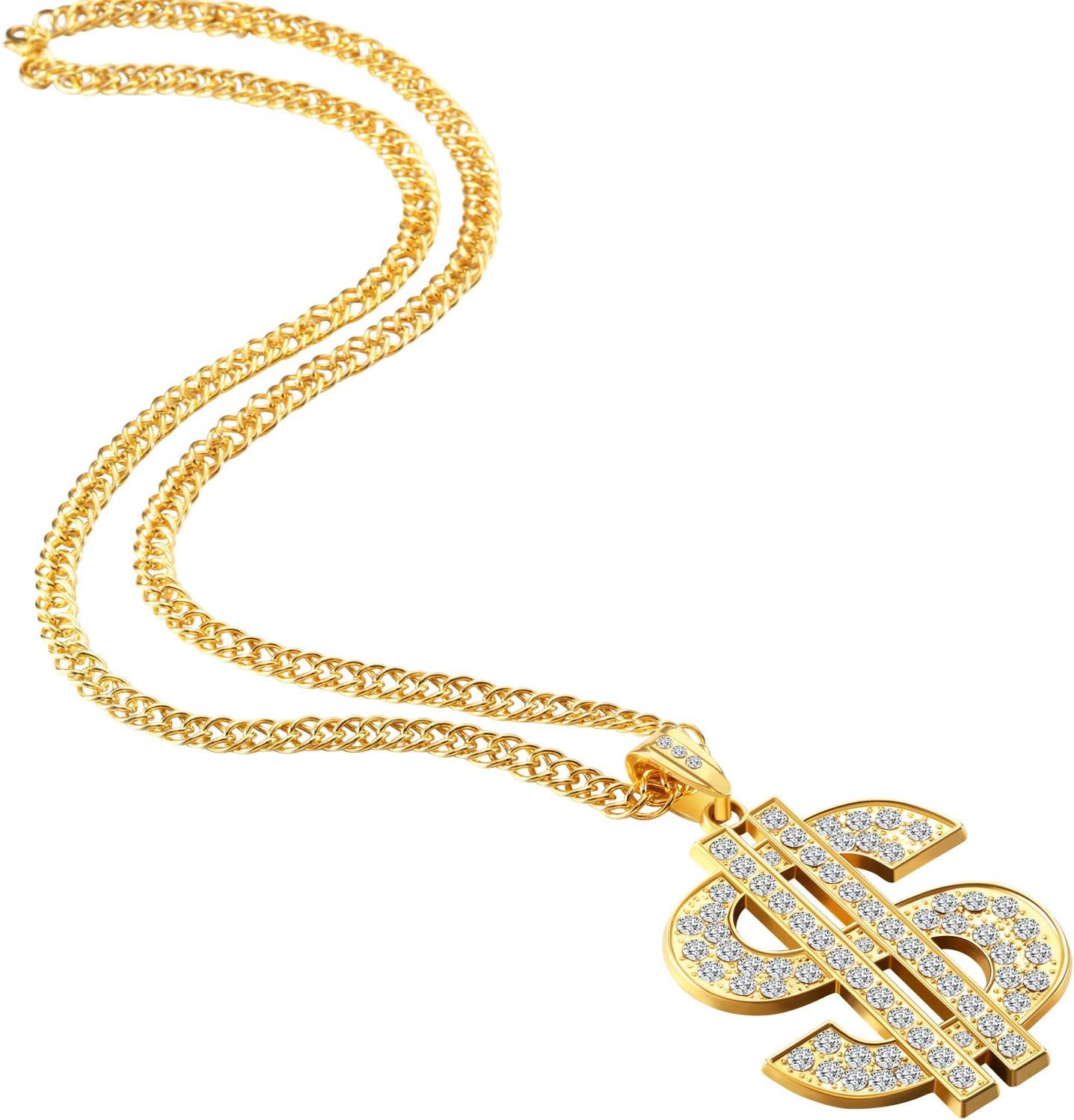 2 Pieces Plated Chain for Men with Dollar Sign Pendant Necklace, Hip Hop Dollar