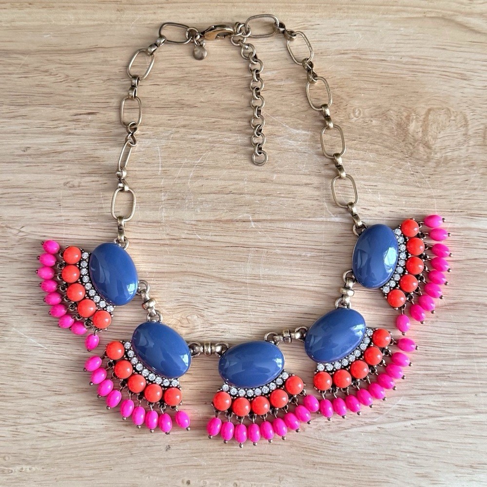 J.Crew Fan Fringe Statement Necklace Navy Blue Coral Pink Beaded Bib Chunky
