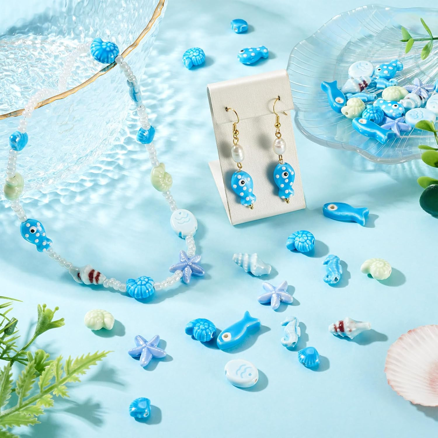 36Pcs Summer Beach Theme Porcelain Beads Blue Shell Starfish Fish Sea Horse Conc