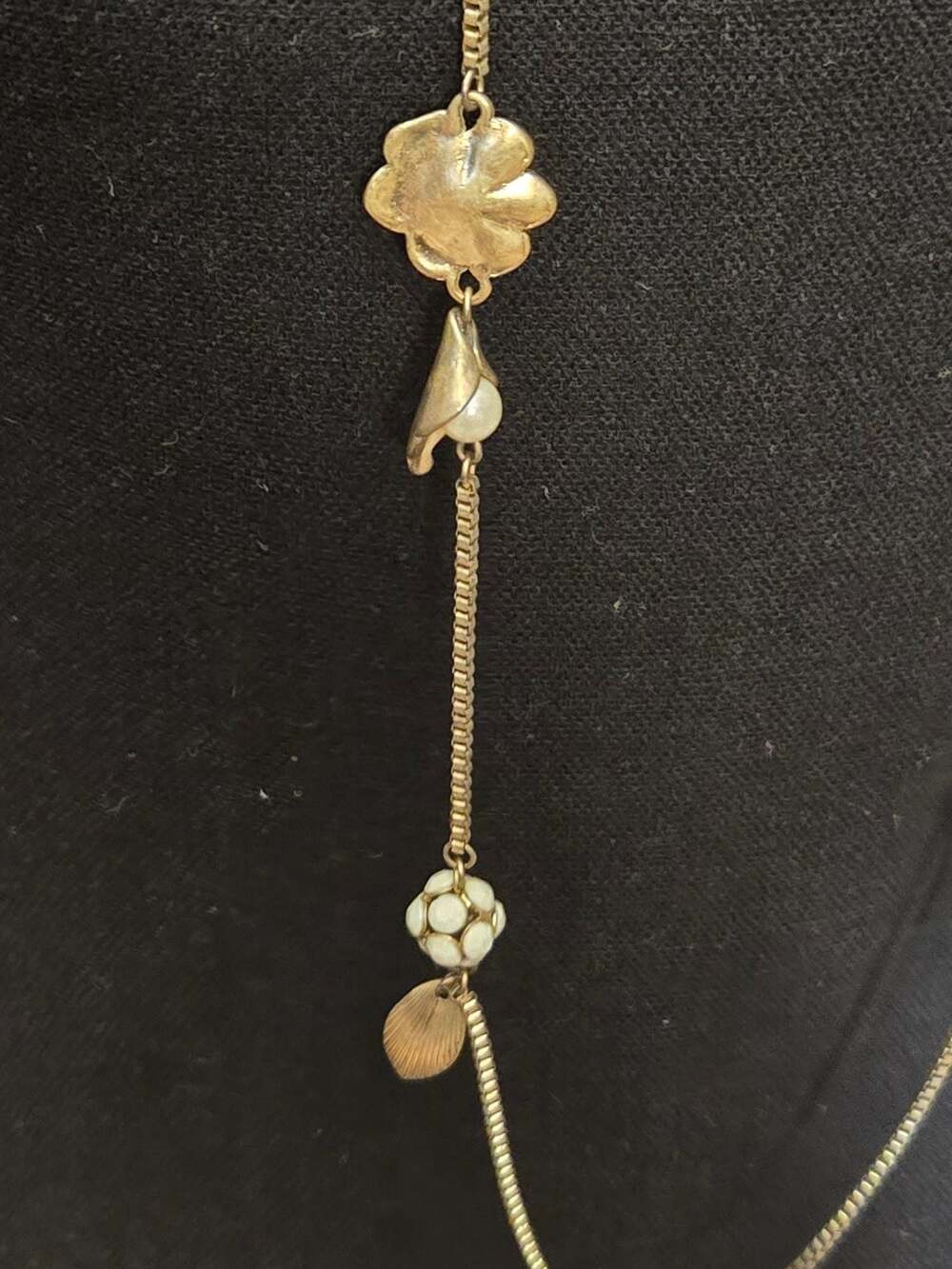 Gold Tone Floral and Pearl Beaded Long Necklace