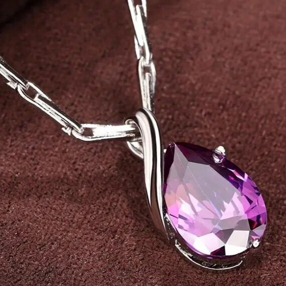Exquisite Silver Plated Teardrop Amethyst Necklace Bridal Engagement Wedding