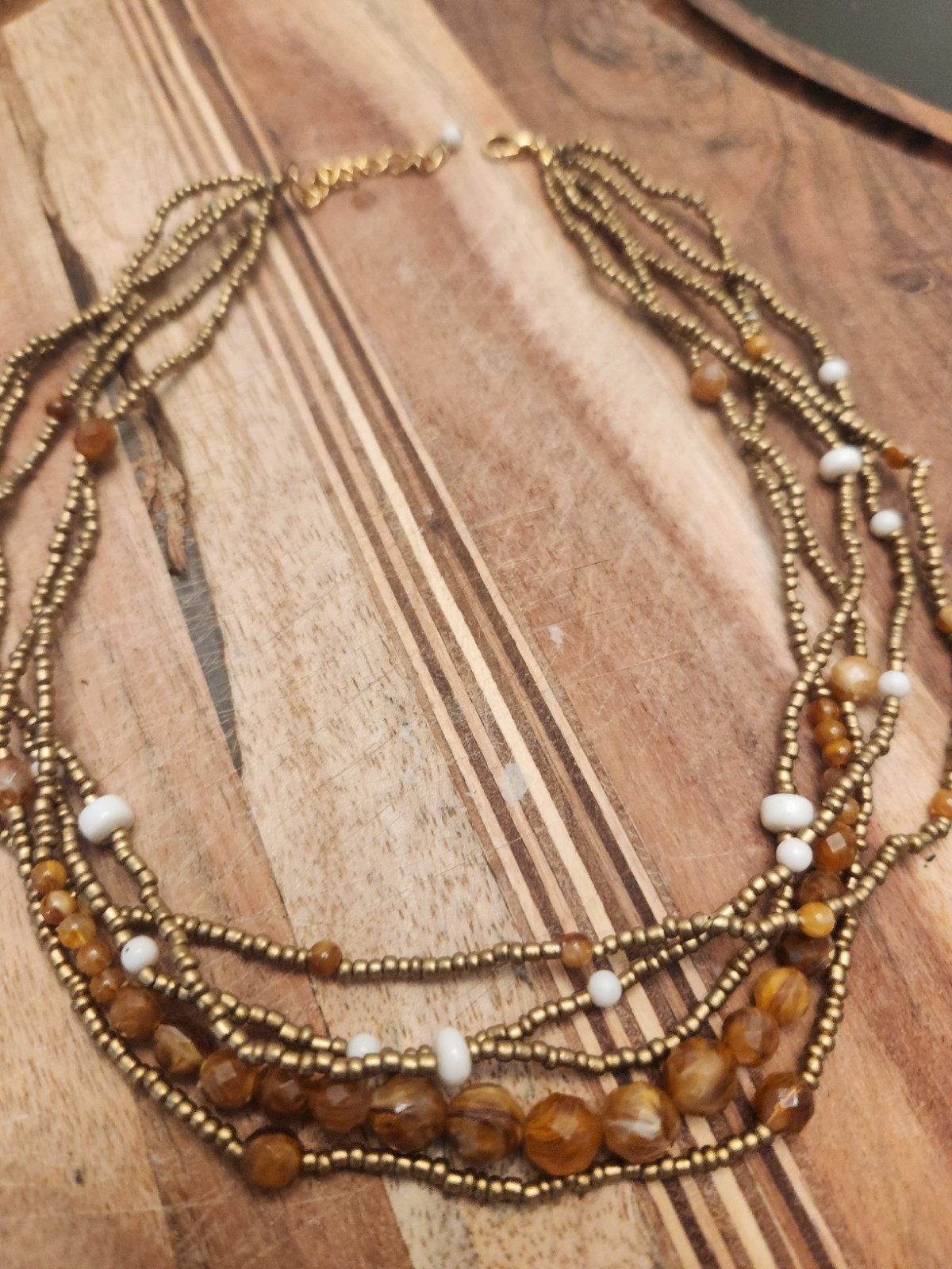 Multi-Strand Gold-Tone Beaded Necklace Brown White Adjustable Lobster Boho