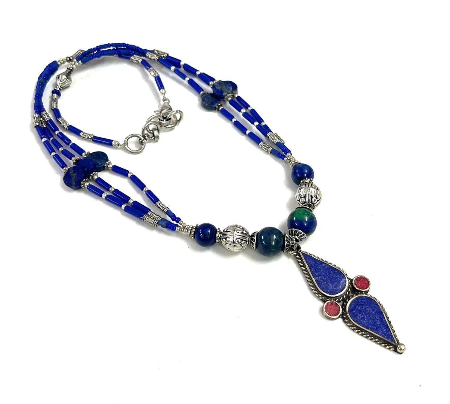 Antique Lapis Lazuli Gemstone Tibetan Bohemian Necklace Jewelry, 17 inch Adju