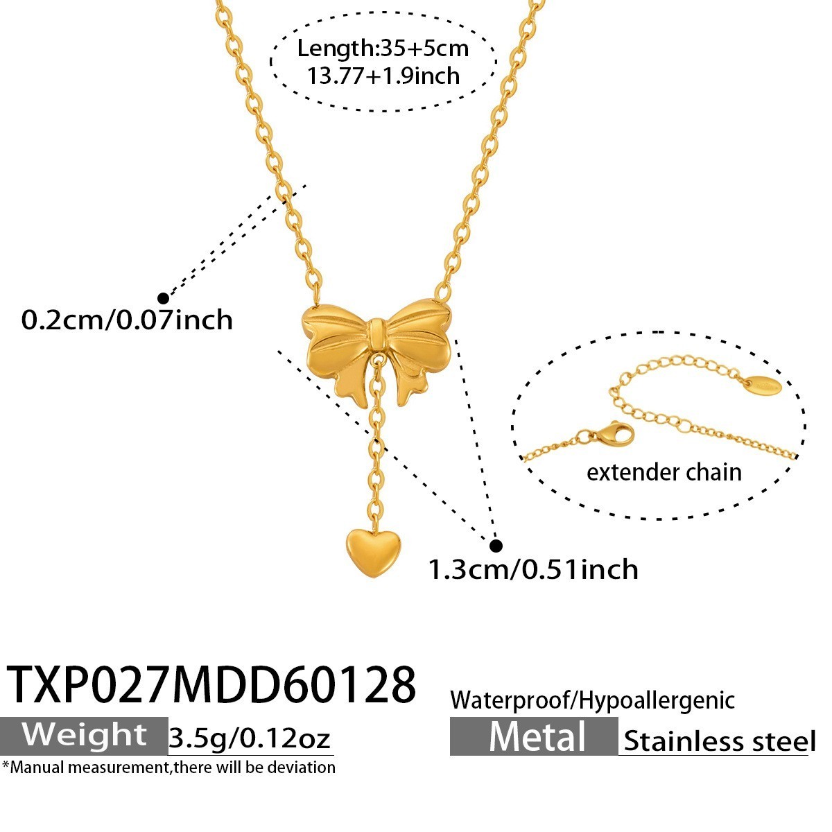 Gold Tone Stainless Steel Bow Heart Drop Pendant Necklace