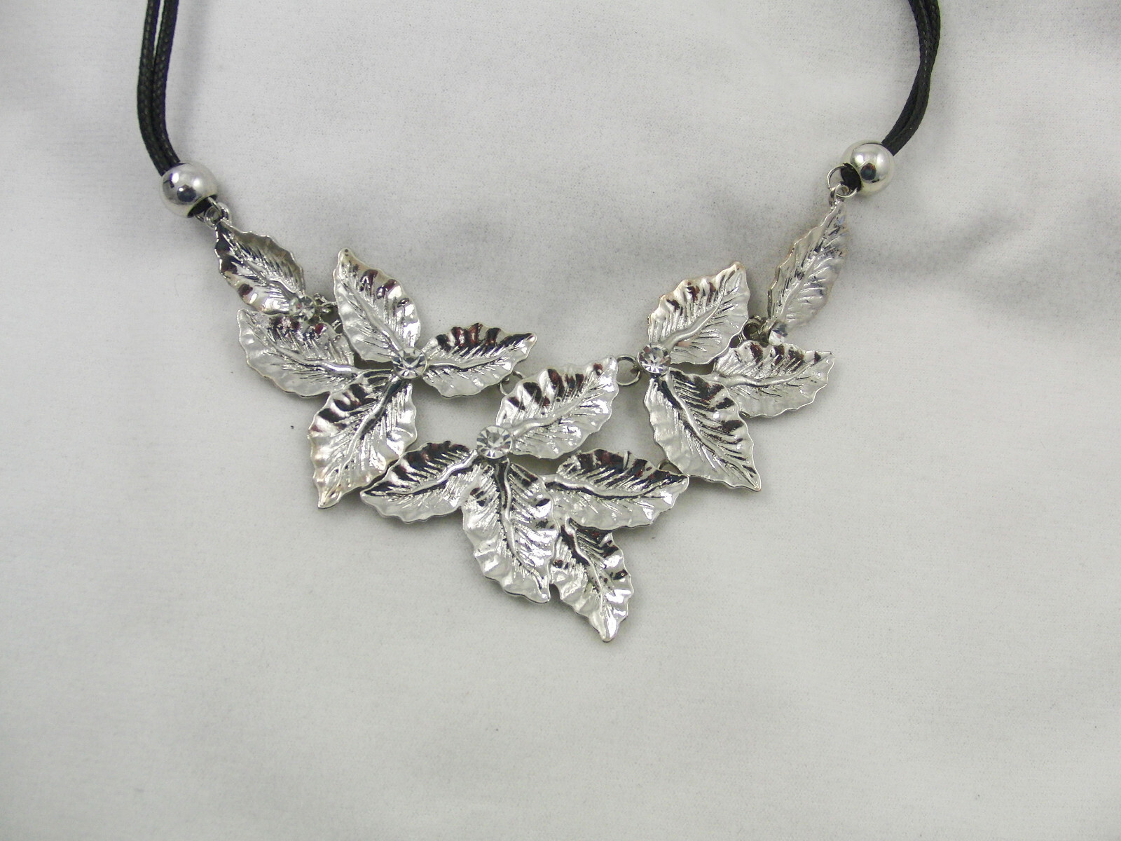 lot 2 necklaces silver leaves & flowers gray & clear rhinestones leather strip