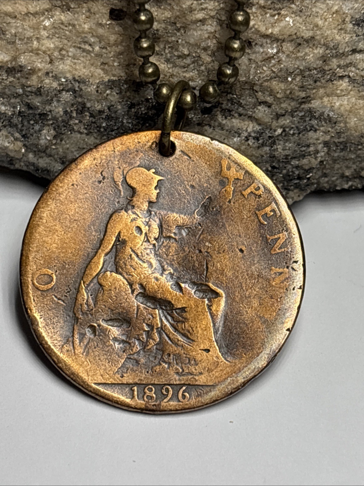 1896 UK Real Circulated P. Bronze Coin Pendant. Queen Victoria. Wear History!