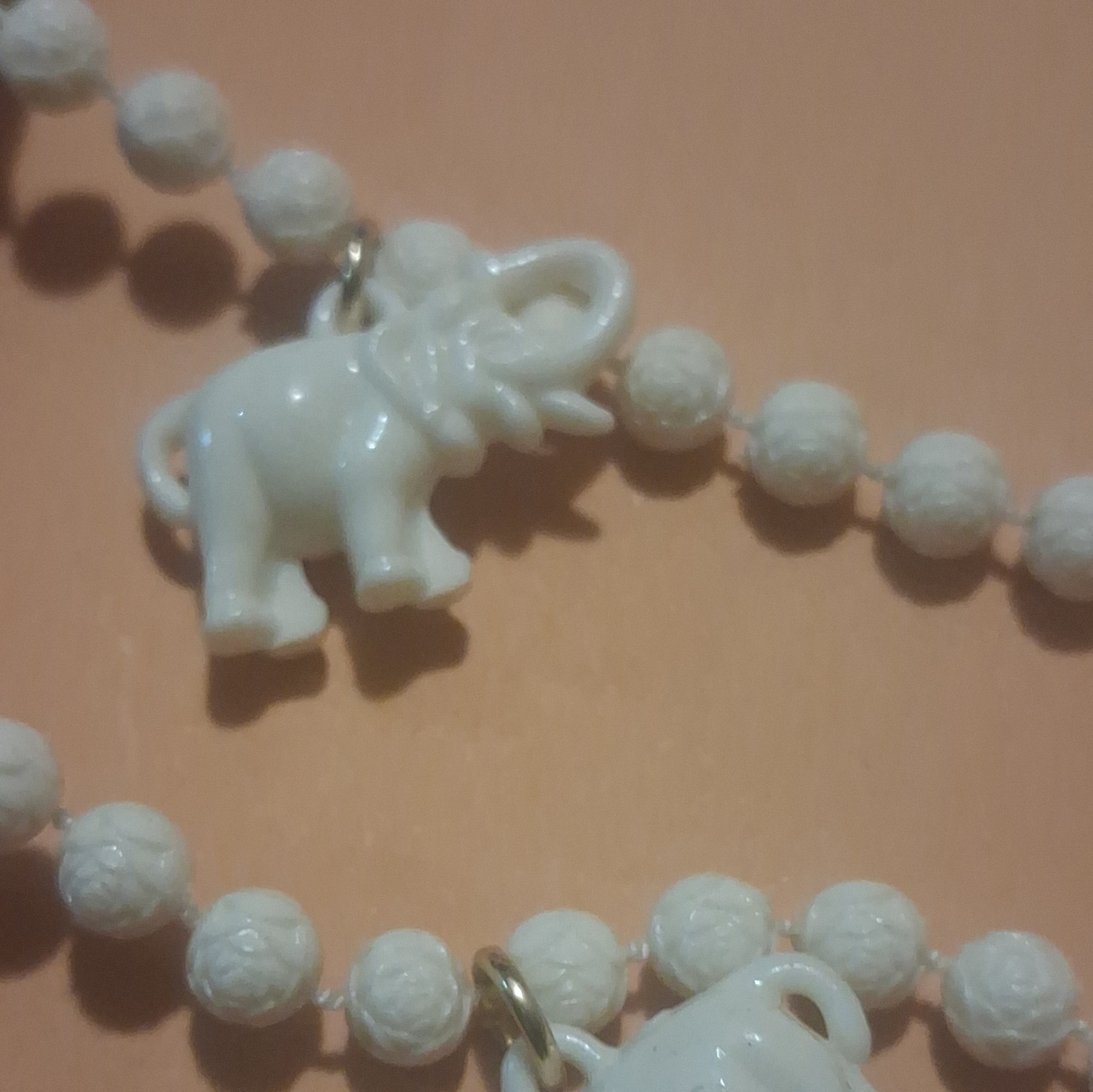 White Plastic Beaded Necklace, Elephant Charm Links, Spring Ring Closure