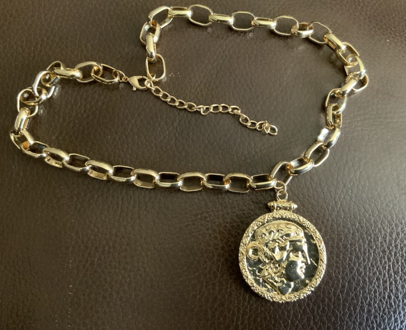 Chico’s Coin Gold Medallion Chain Necklace Greek Roman Statement Boho Portrait