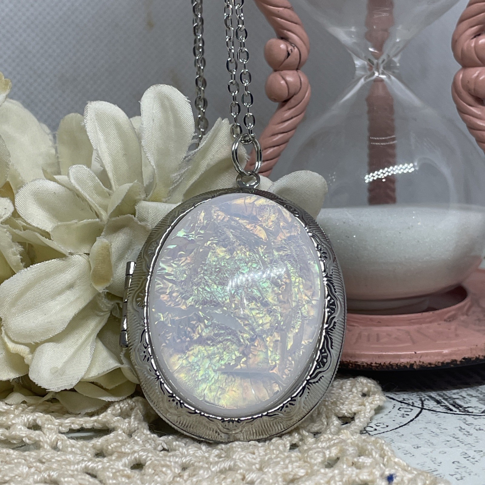Silver New Photo Locket Opal Wedding Necklace Mom Daughter Birthday Anniversary