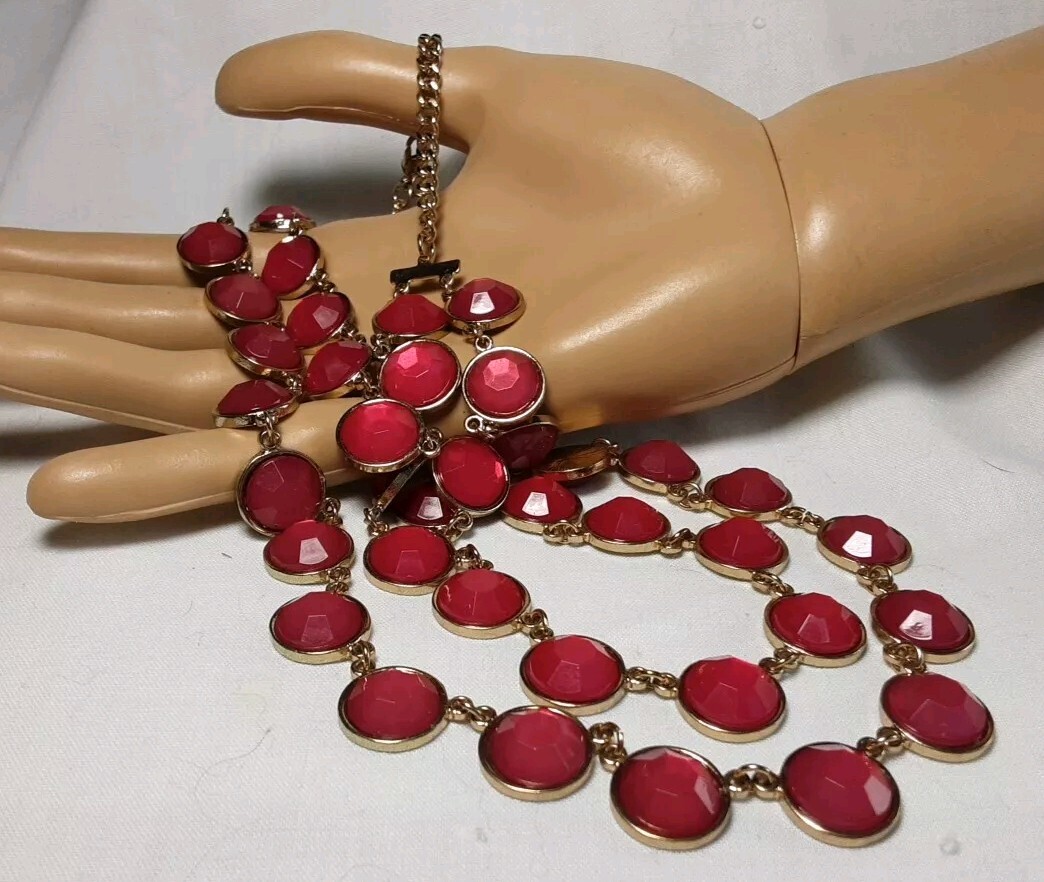 Necklace Gold Tone Red Double ( 2) Gradual Strands Faceted Disks Adj