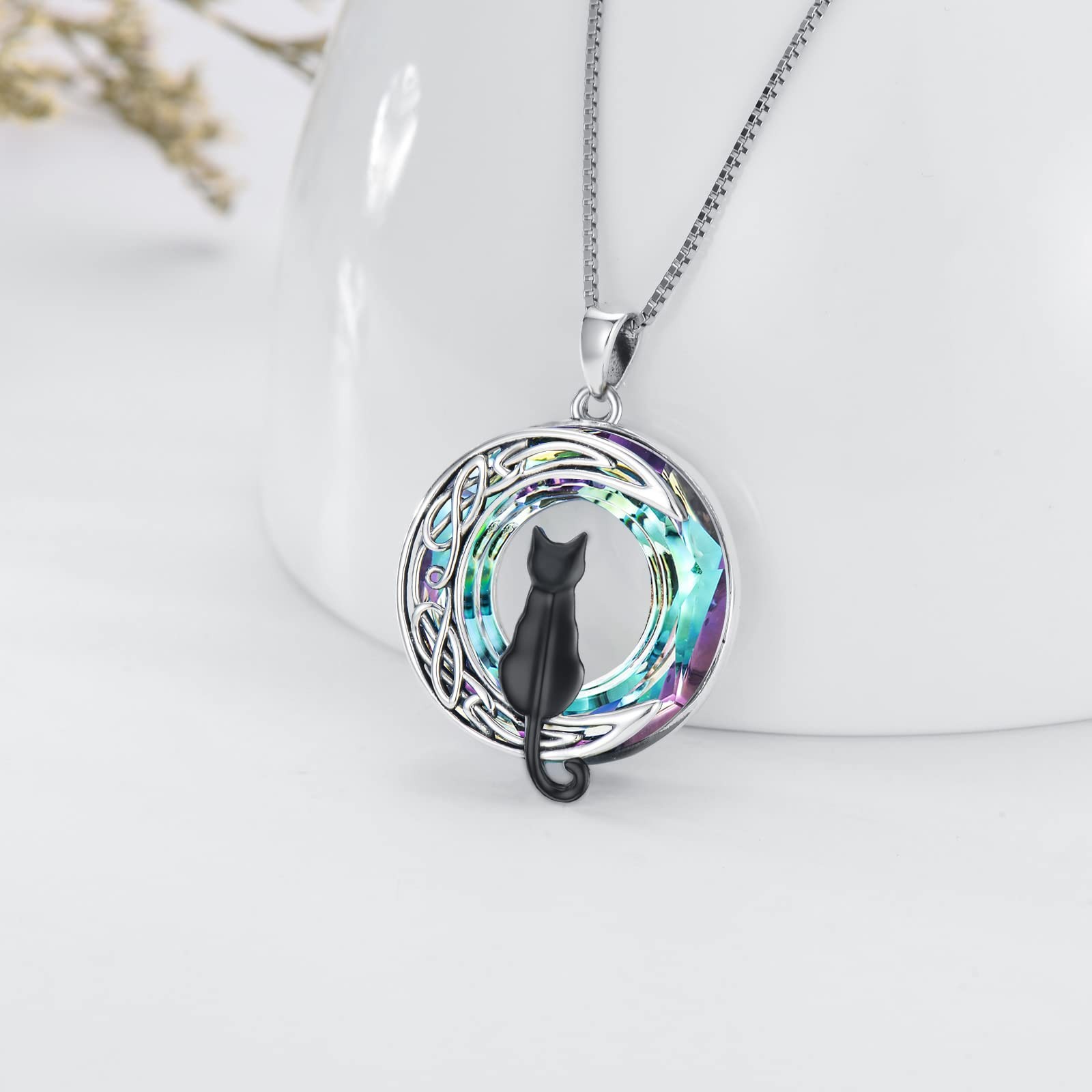 Black Cat Necklace 925 Sterling Silver Black Cat on the Moon Necklace