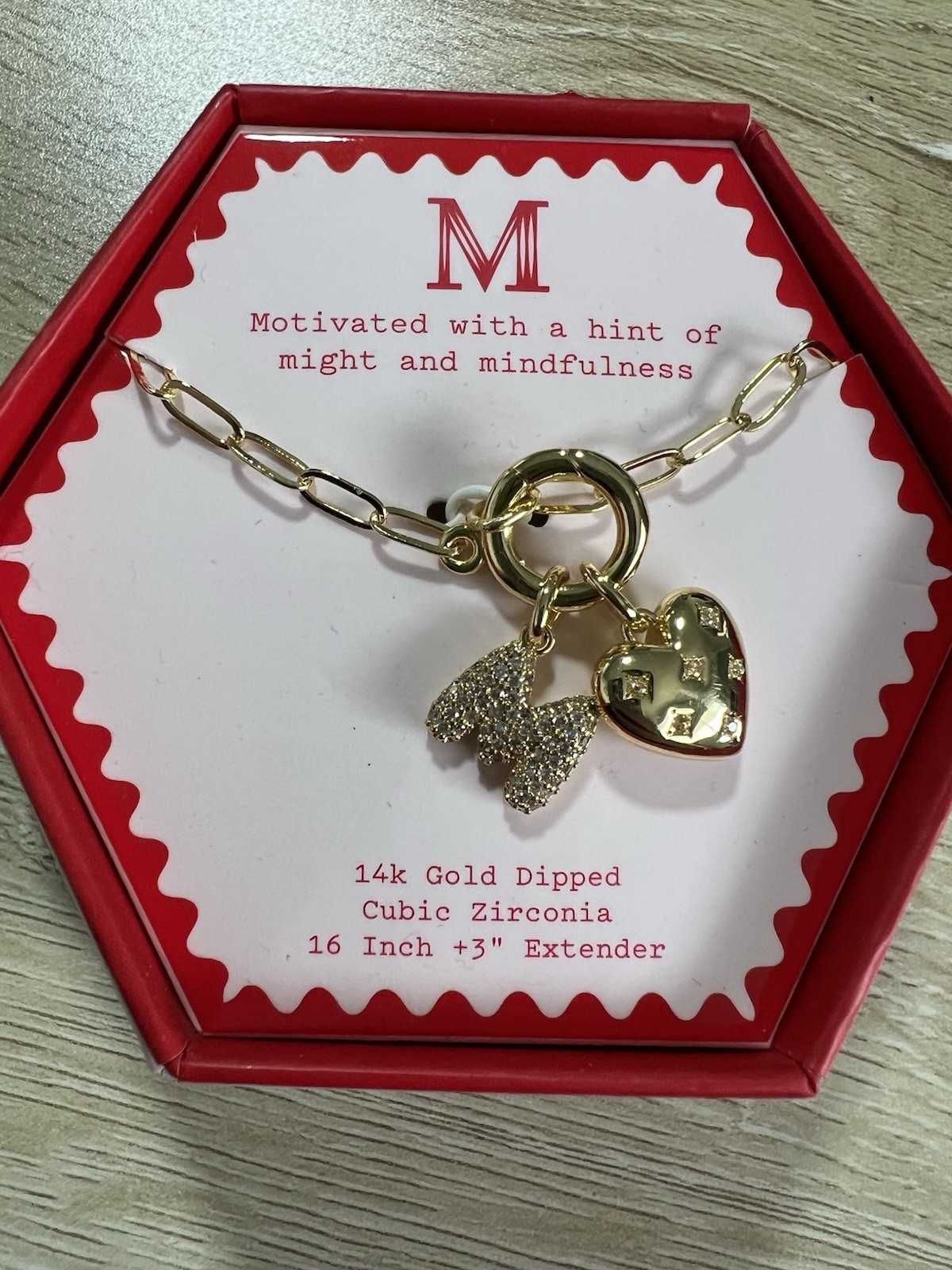A New Day Monogram Letter M Necklace 14K Gold Dipped Cubic Zirconia 16 Inch +