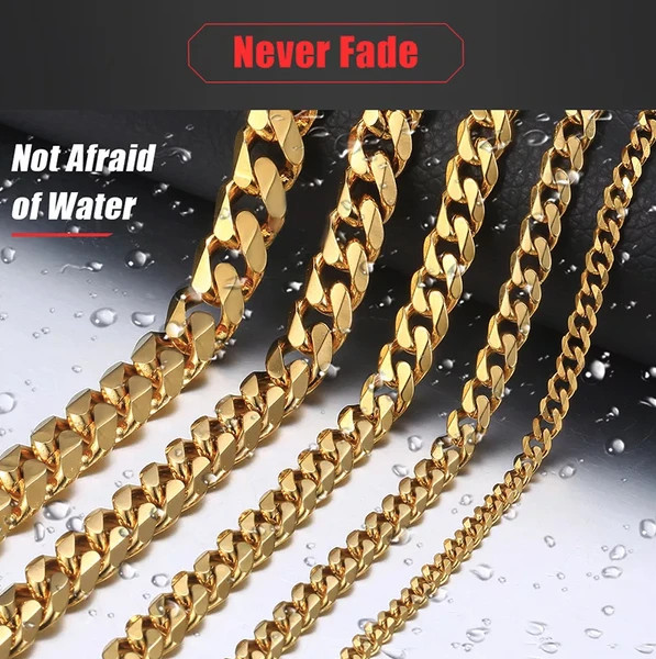 Stainless Steel Cuban Link Chain Necklace – Gold – Multiple Length & Width Optio