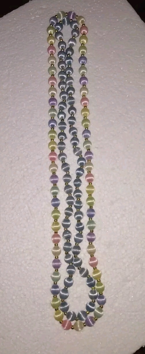 2 Necklaces W/ Silk Satin Thread Over Beads 28″ In Pastel Blue & Multicolors.