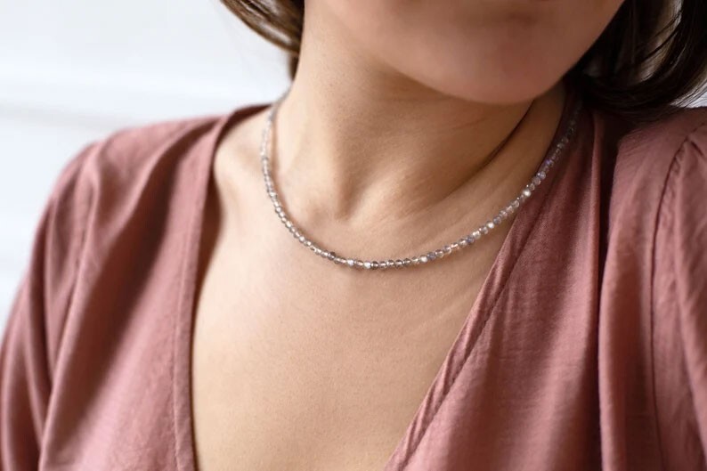 Labradorite 4mm Beaded Choker Healing Reiki Dainty Women Crystal Necklace Gifts