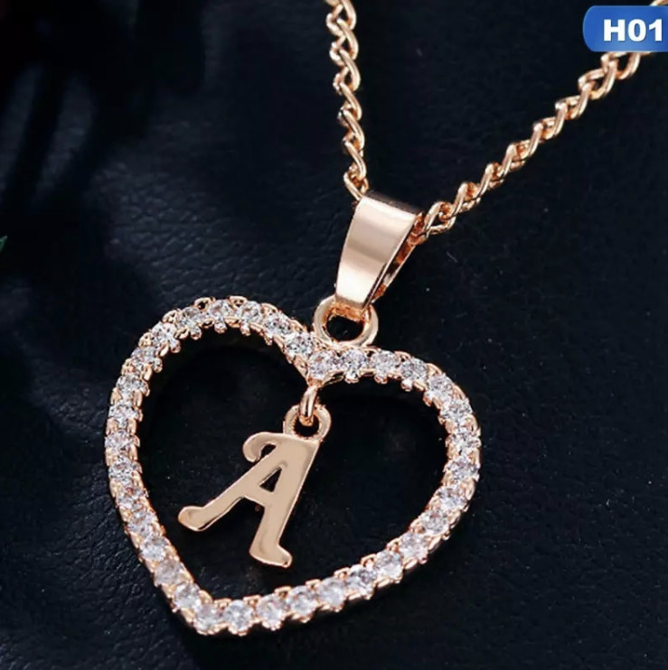 Letter Heart Necklace – Rose Gold Pendant Crystal Rhinestone Inital Charm Bling