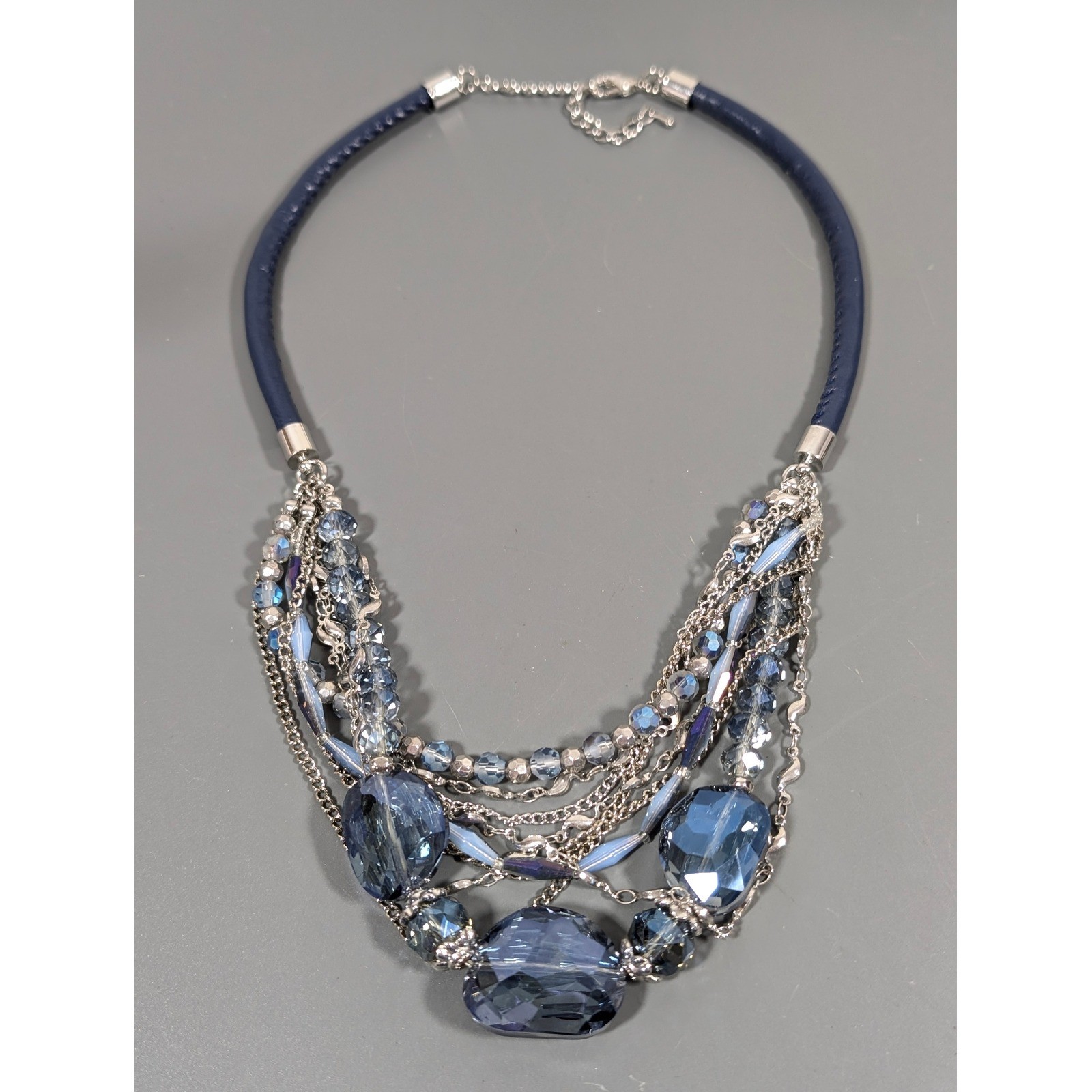 Blue Glass Bead Multi Chain Layered Statement Necklace Faux Leather 21″
