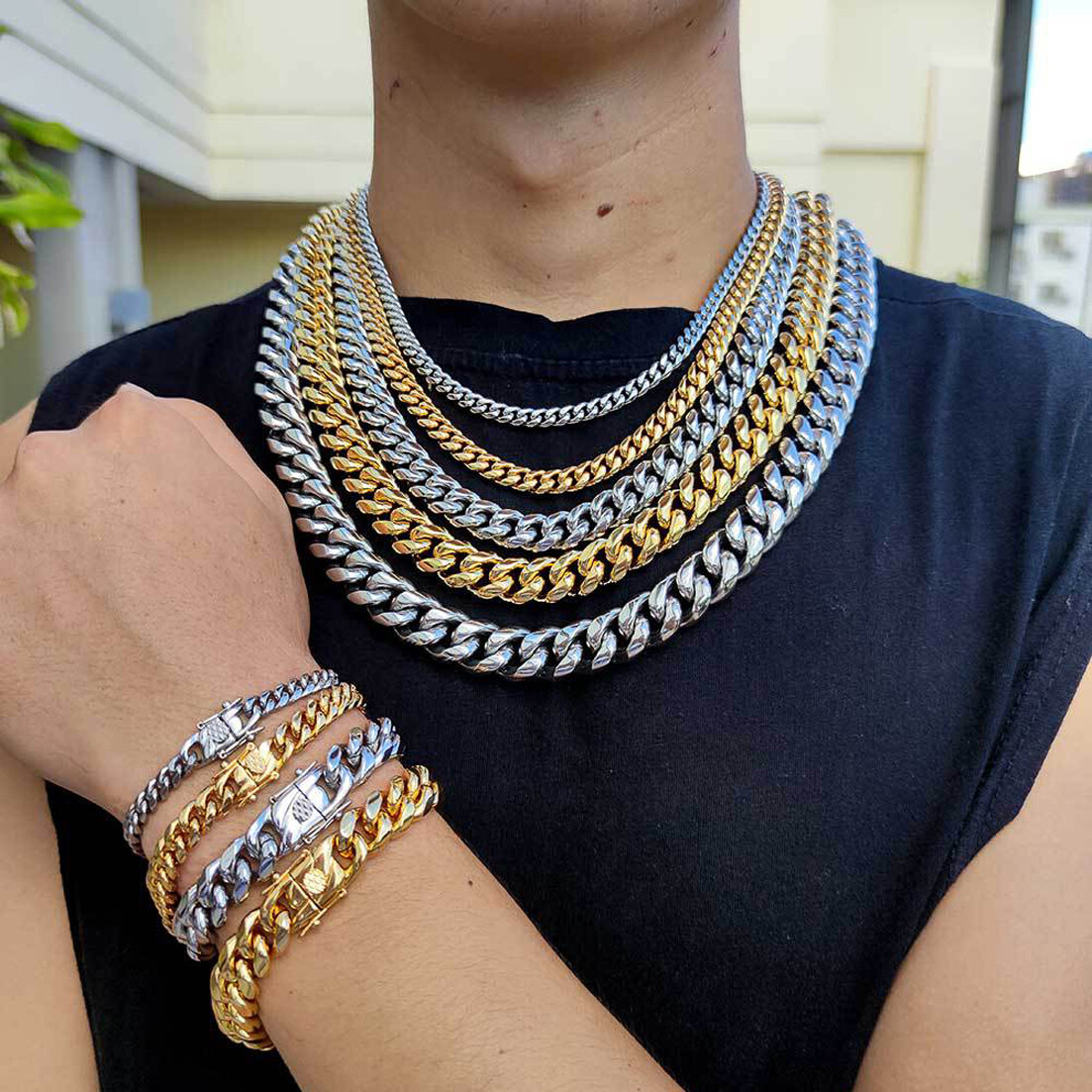Mens Miami Cuban Link Bracelet or Chain Necklace 18k Gold Plated Stainless Steel