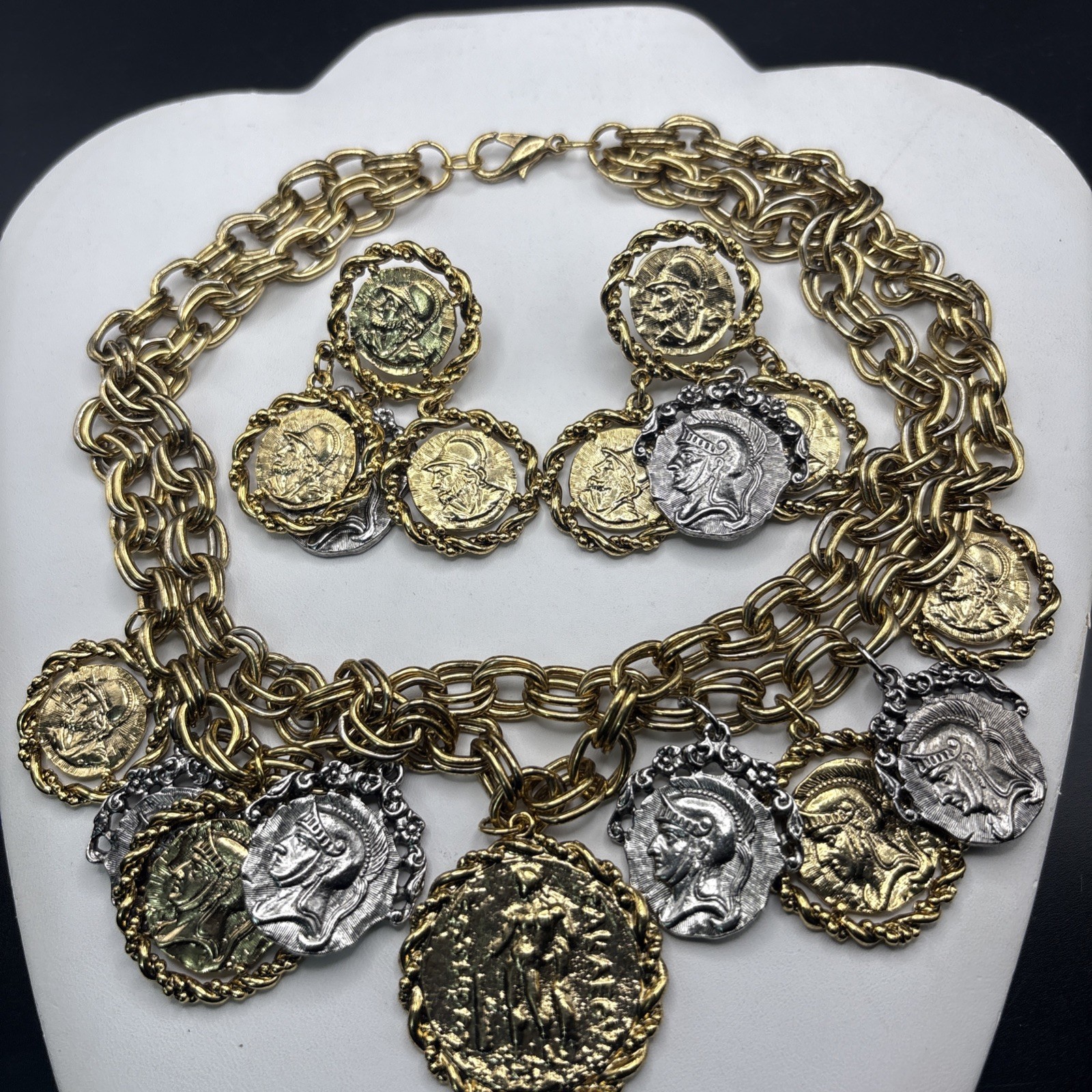 coin charm necklace Earrings Set Layered Two Tone Roman Greek Soldier Medallion
