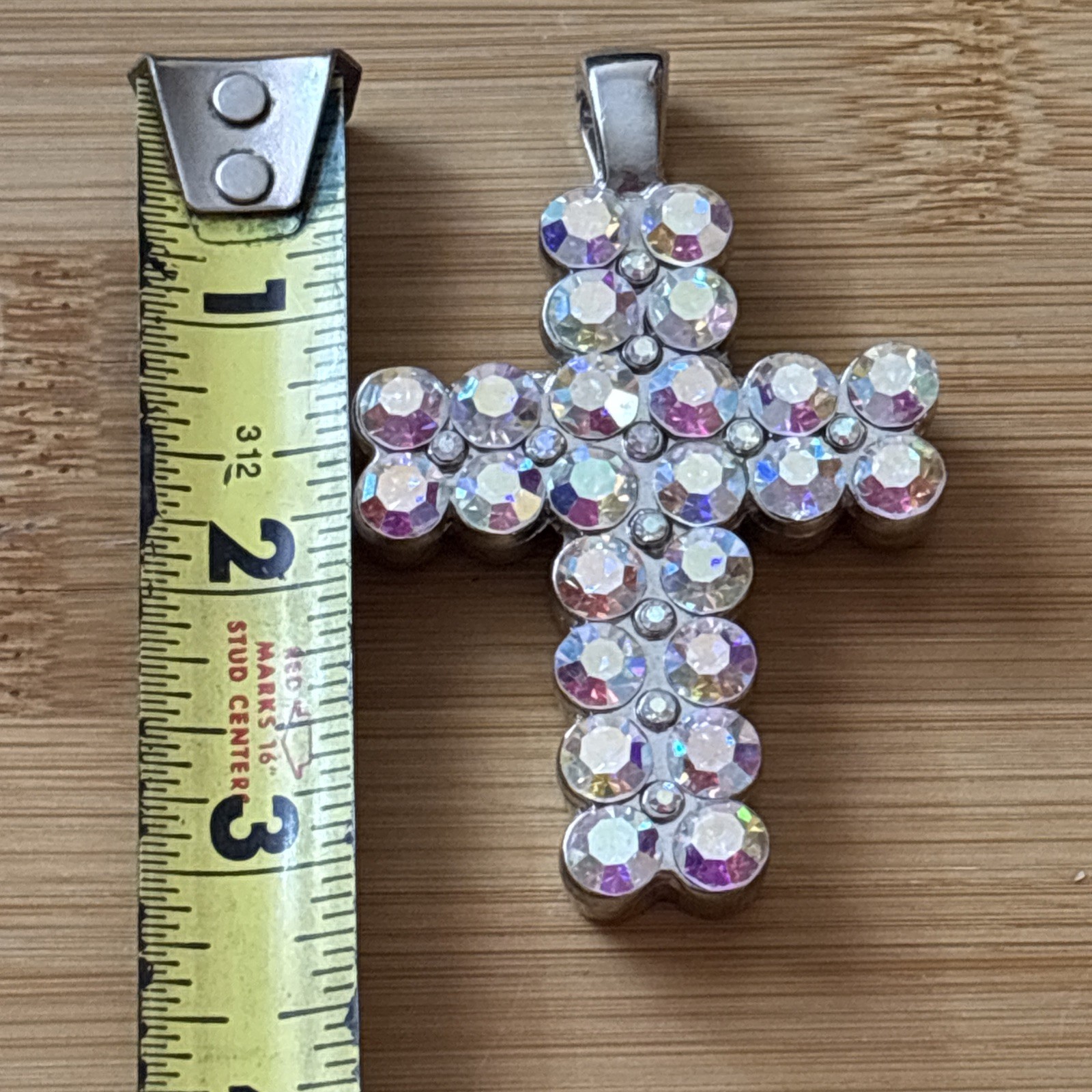 Large AB Rhinestone Cross Enhancer Pendant Silver Tone Clip Bail 3” Statement