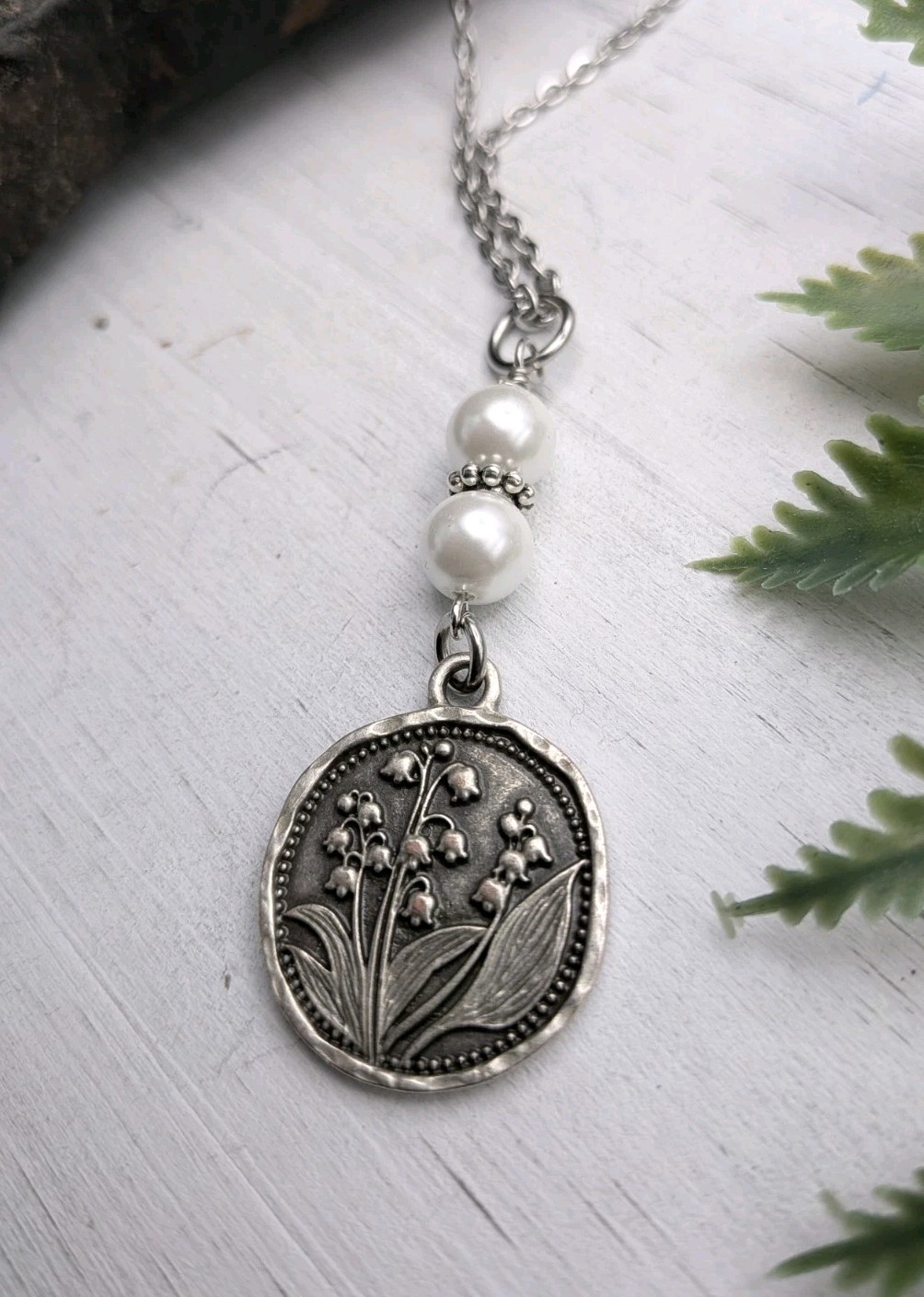 Silver Lily Of The Valley Pendant Necklace With White Pearls / Flowers Gift