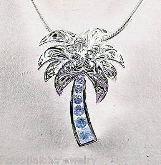 19mm Solid 925 Sterling Silver Hawaiian Palm Tree Scrolls Aquamarine CZ Slide