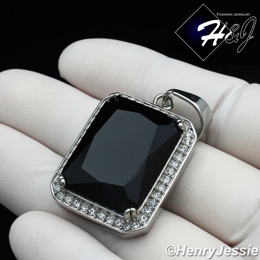 MEN’s Stainless Steel BLING Cubic Zirconia Silver Black Onyx Charm Pendant*SP103