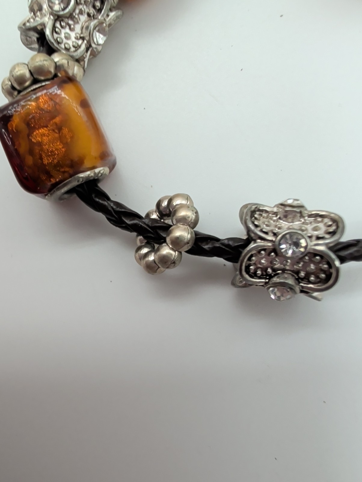Vintage Persona Sterling Silver 925 Tortoise Shell Glass Charm Bracelet On Brown