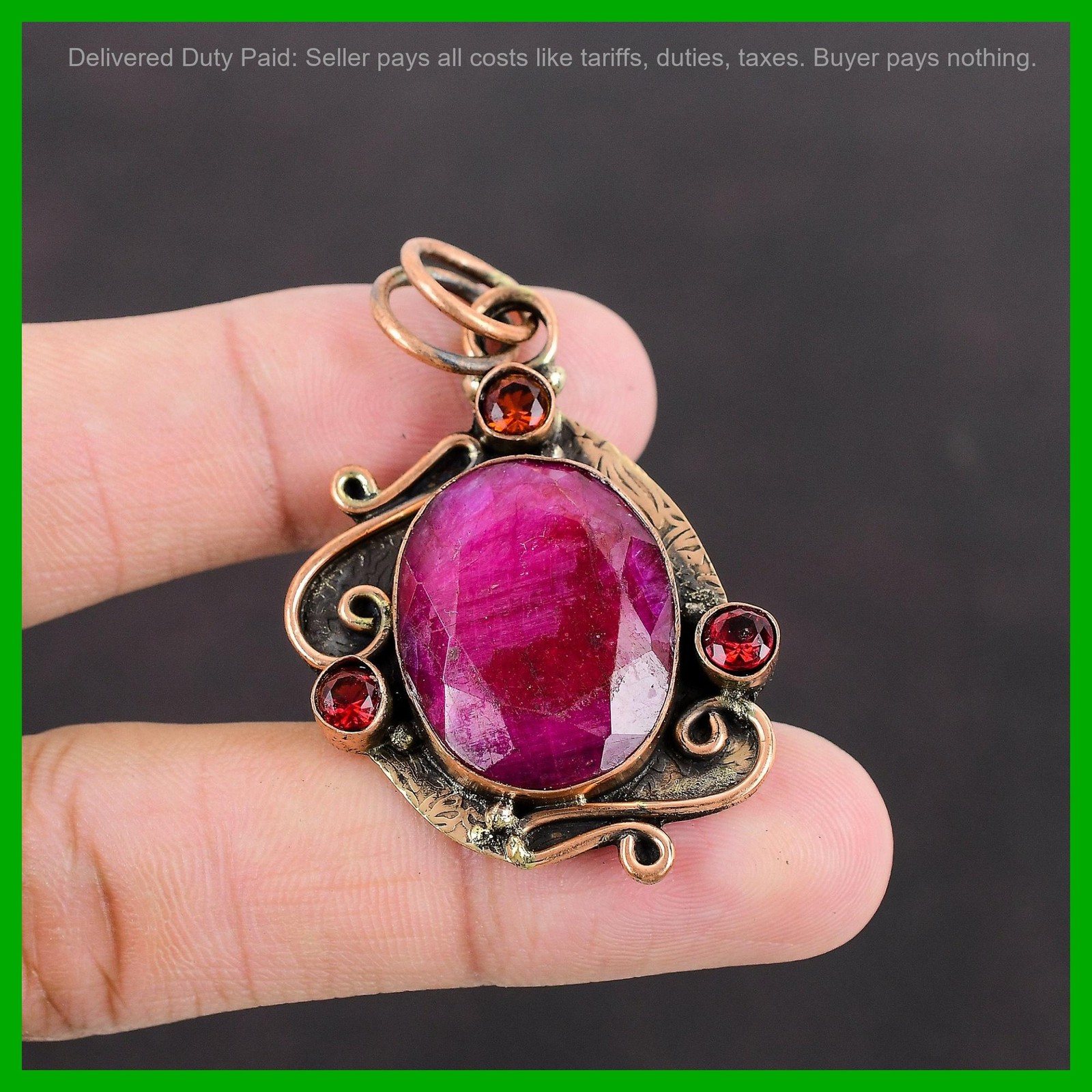 Copper Kashmir Rubi Stone Mozambique Garnet Handcrafted Bezel Birthday Pendant