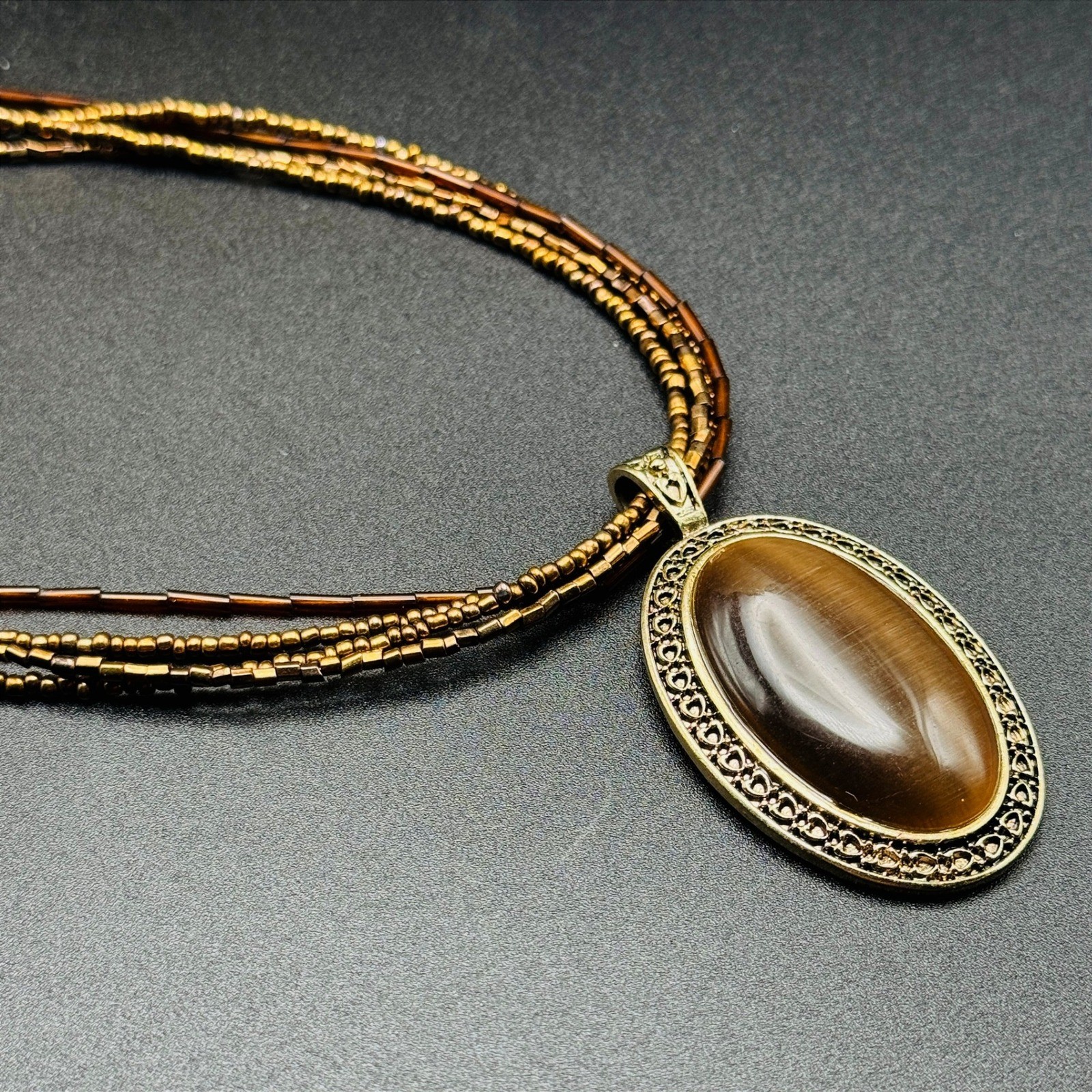 Brown Cats Eye Pendant Multi Strand Seed Bead Necklace Bronze Gold Boho Bohemian