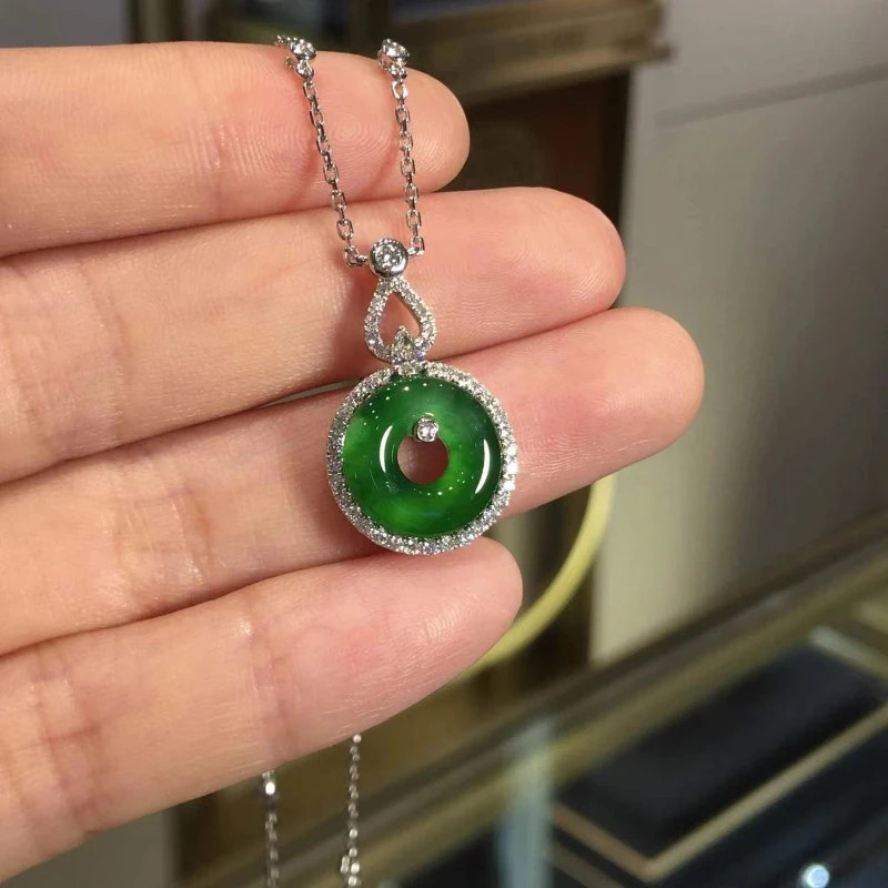 Natural Hetian Chrysoprase Pendant Inlaid Crystal Vintage Chinese Style Necklace