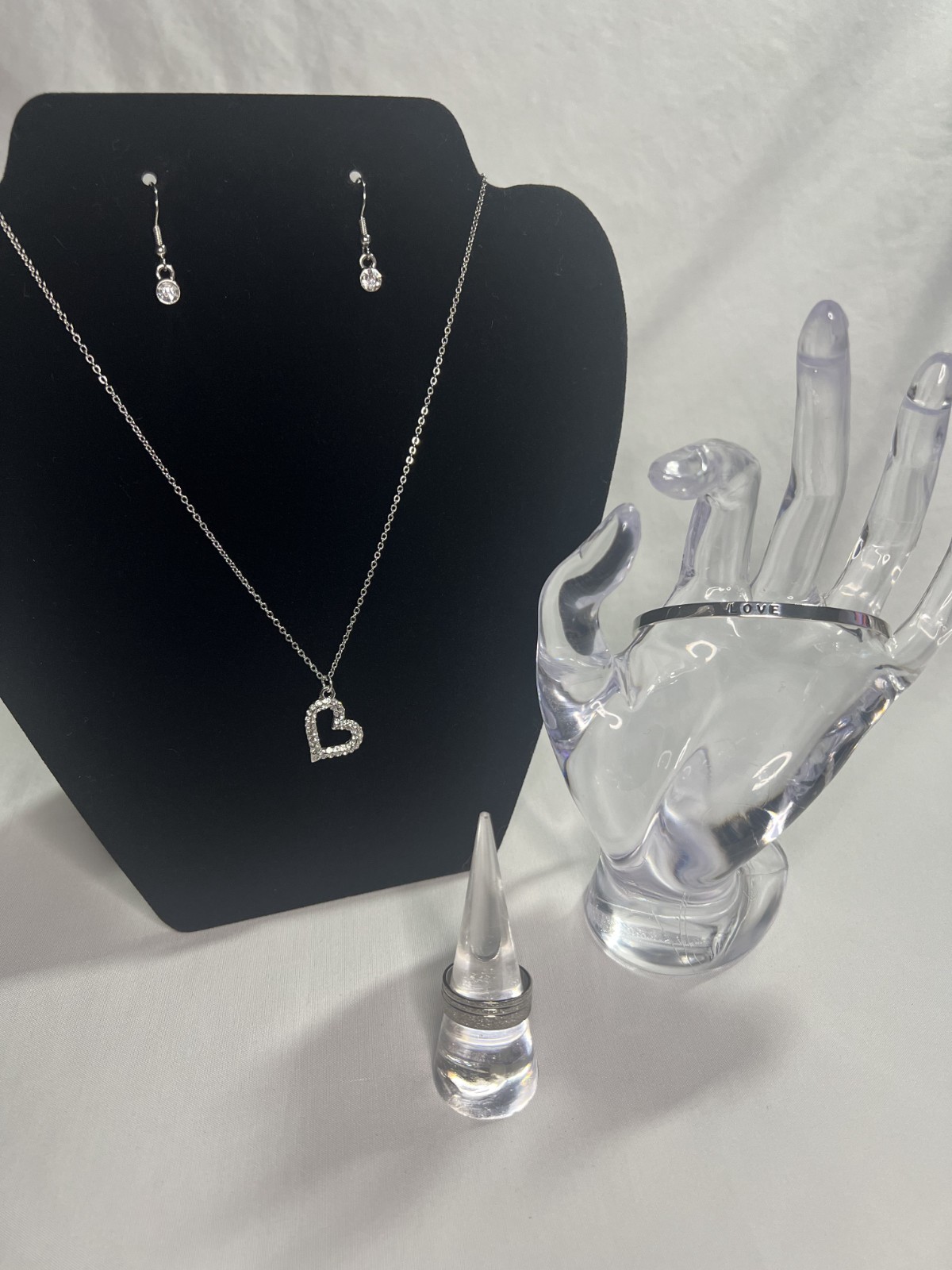 925 Sterling Silver LOVE Cuff Bracelet, Rhinestone Heart Necklace & Earrings